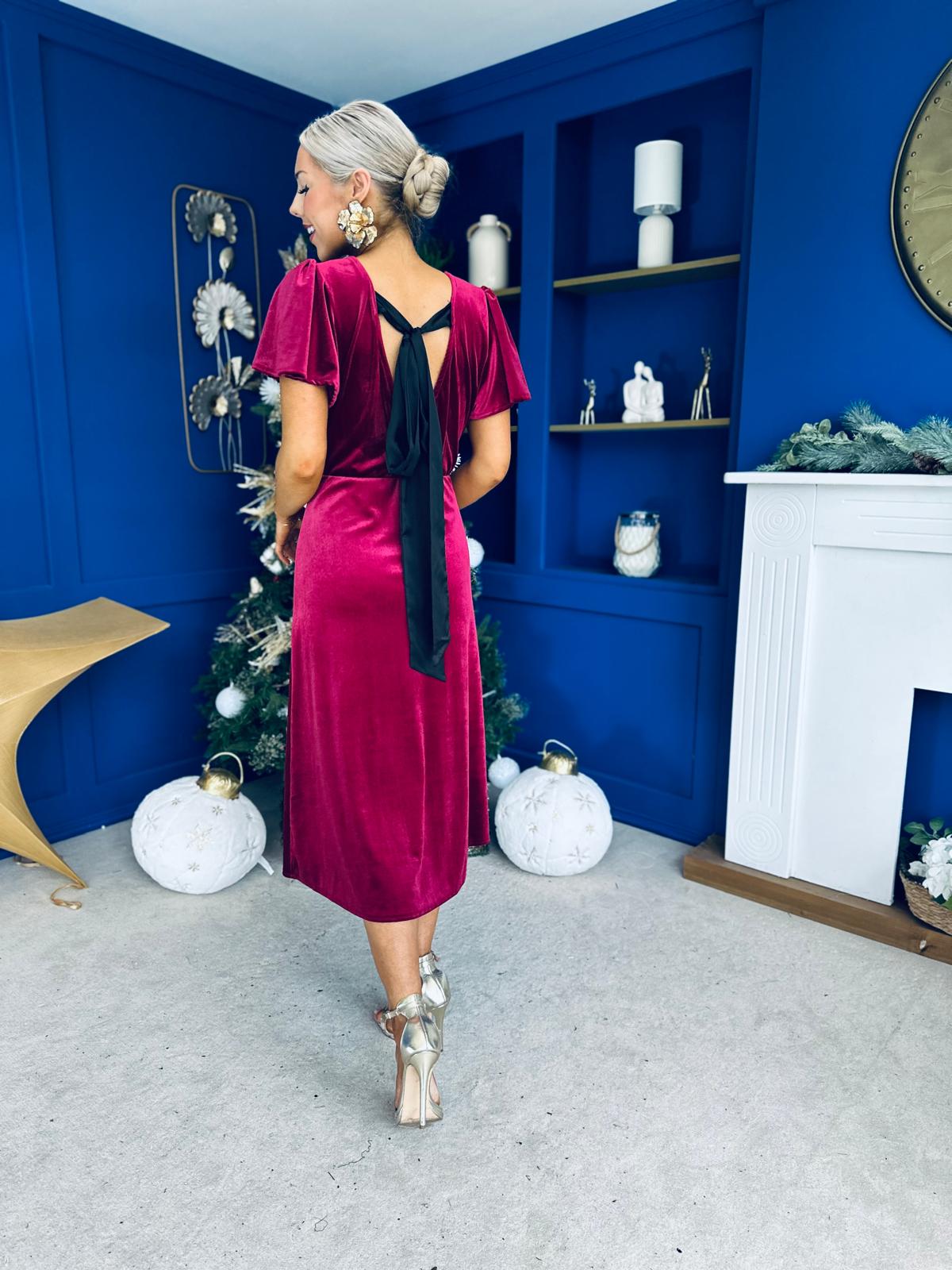 Jessica Angel Sleeve Bow Detail Velvet Dress Wine