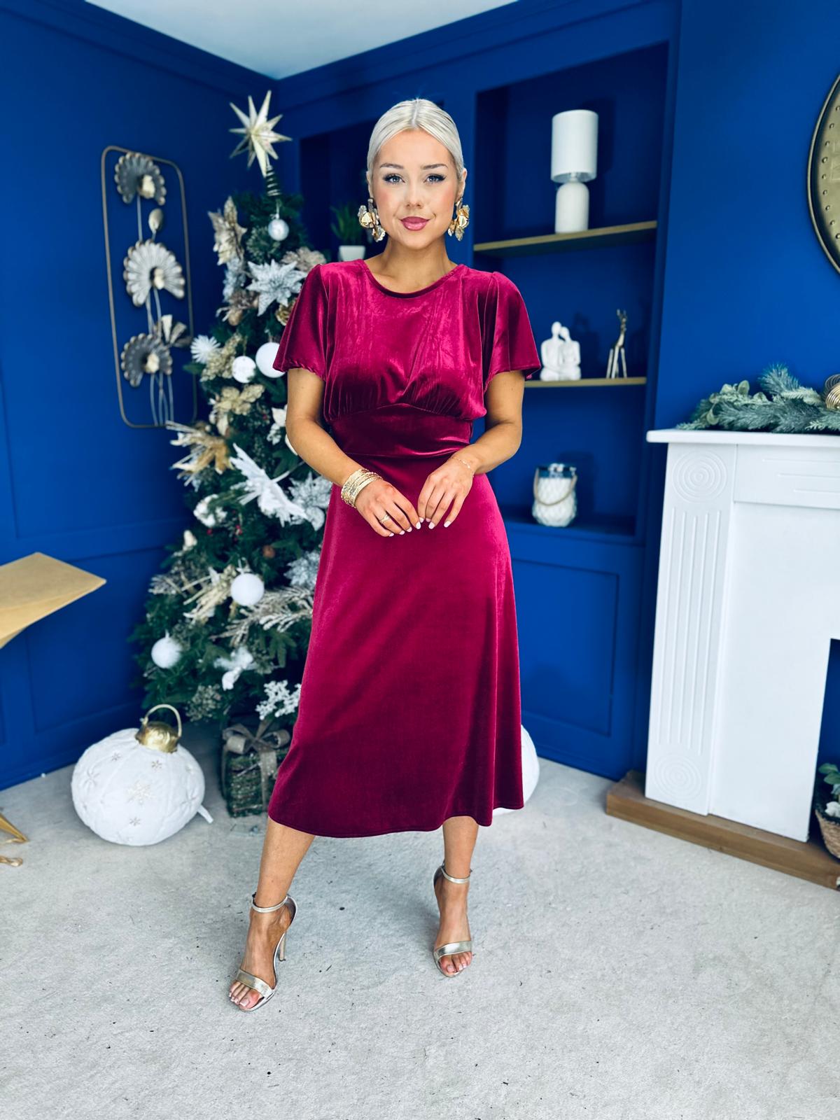 Jessica Angel Sleeve Bow Detail Velvet Dress Wine