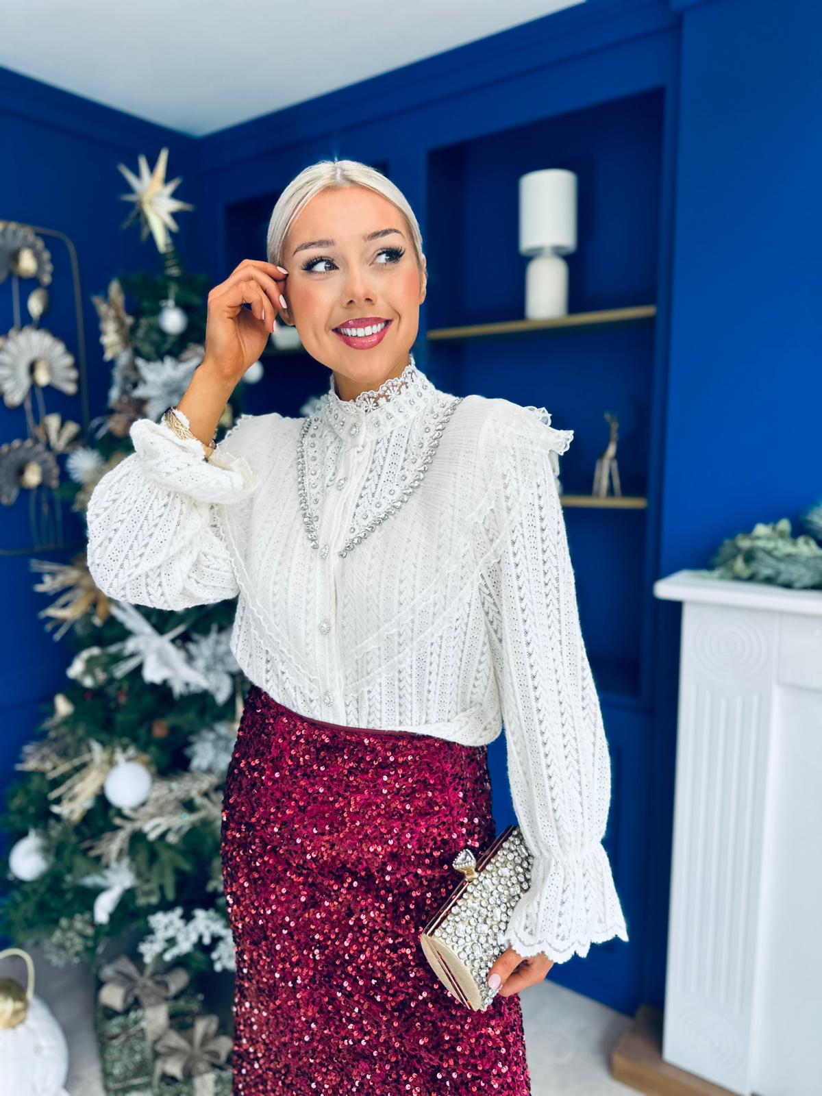 Joan Diamante & Pearl Detail Blouse Cream