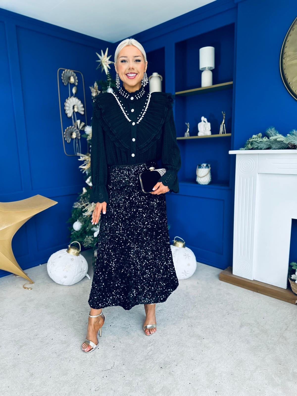 Joan Diamante & Pearl Detail Blouse Black