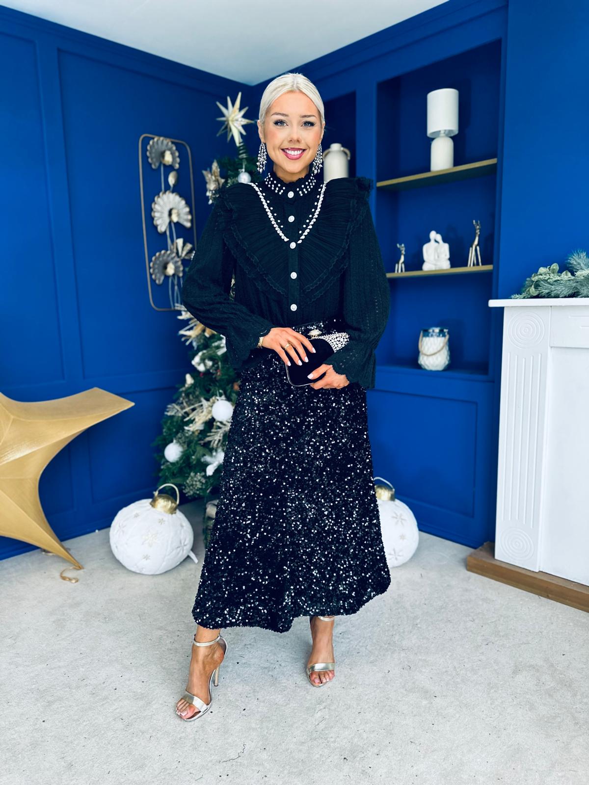 Shauna Sequin Midi Skirt Black