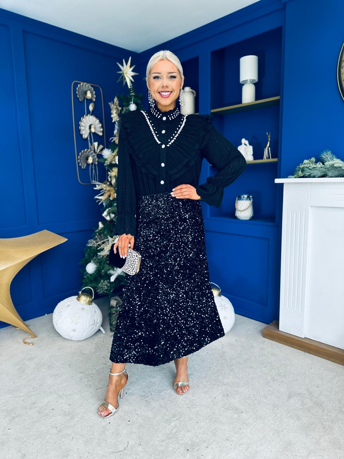 Shauna Sequin Midi Skirt Black