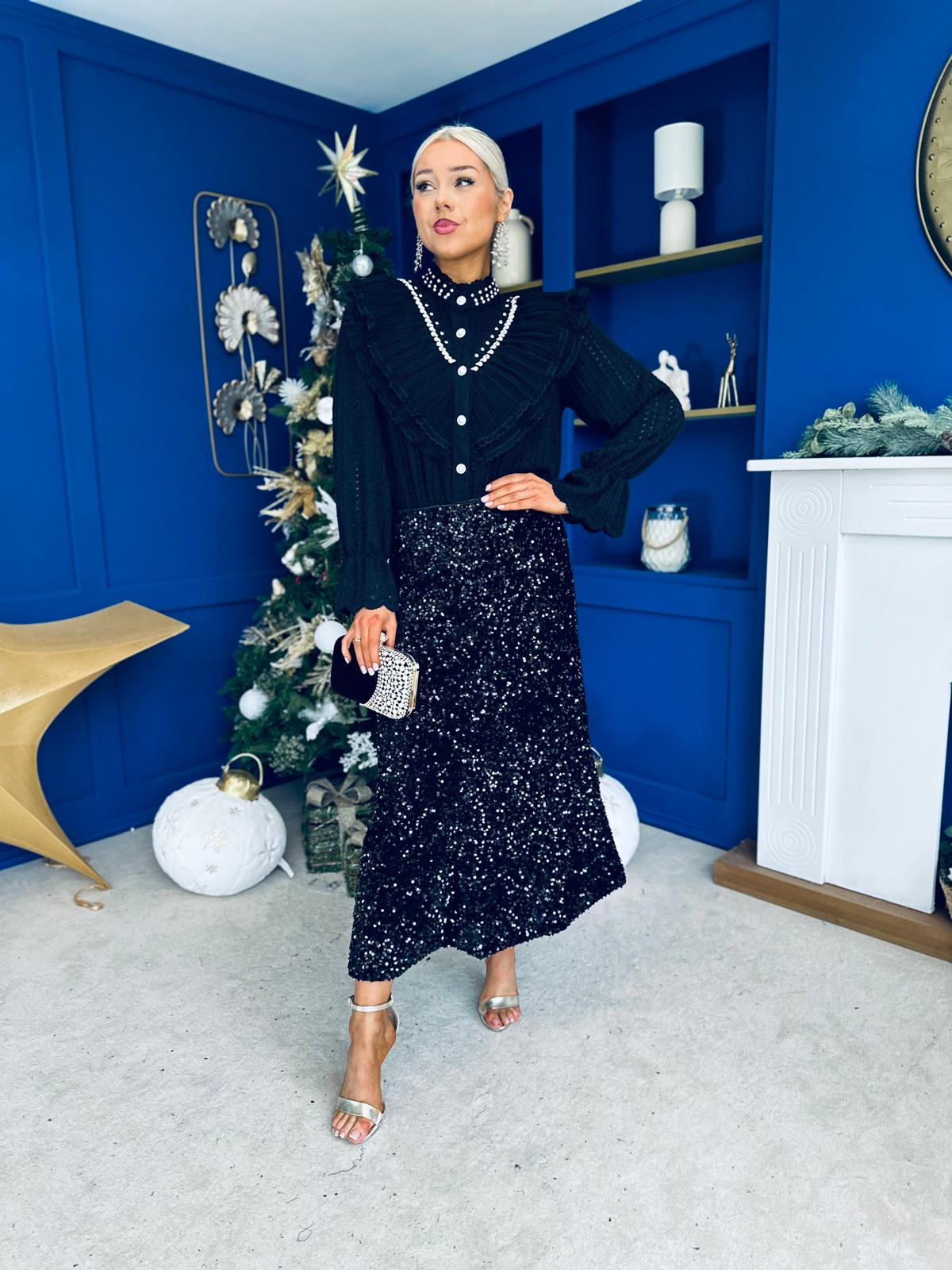 Joan Diamante & Pearl Detail Blouse Black