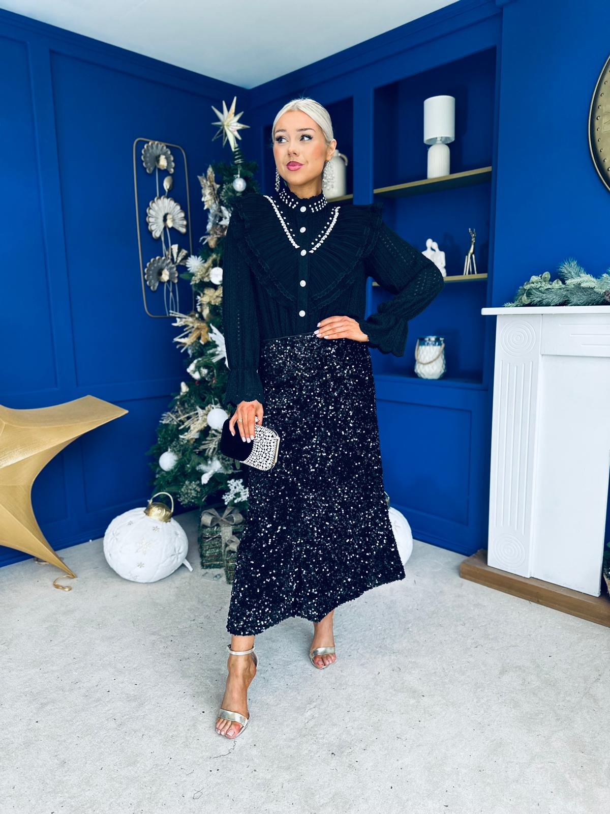 Shauna Sequin Midi Skirt Black