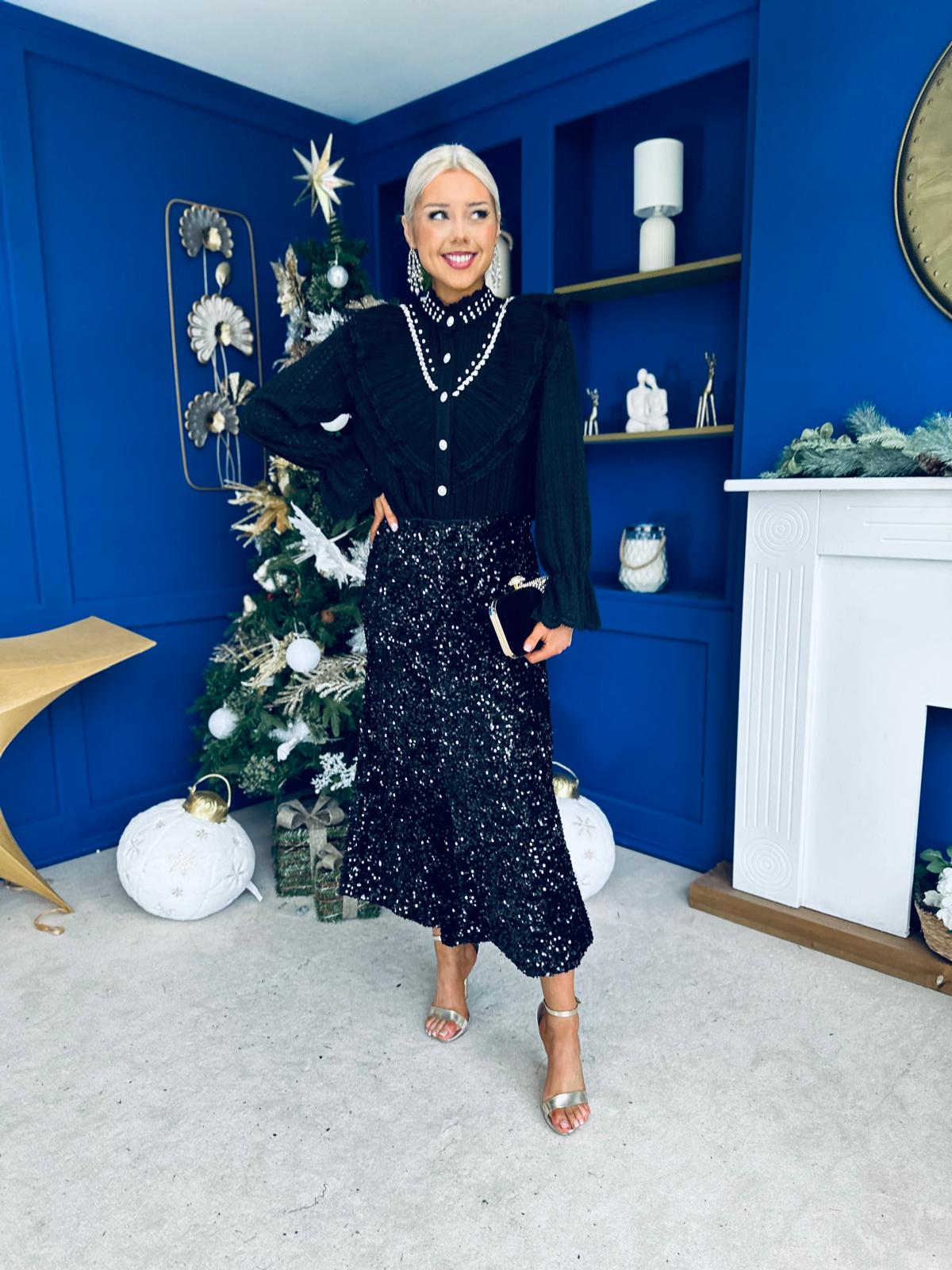 Joan Diamante & Pearl Detail Blouse Black