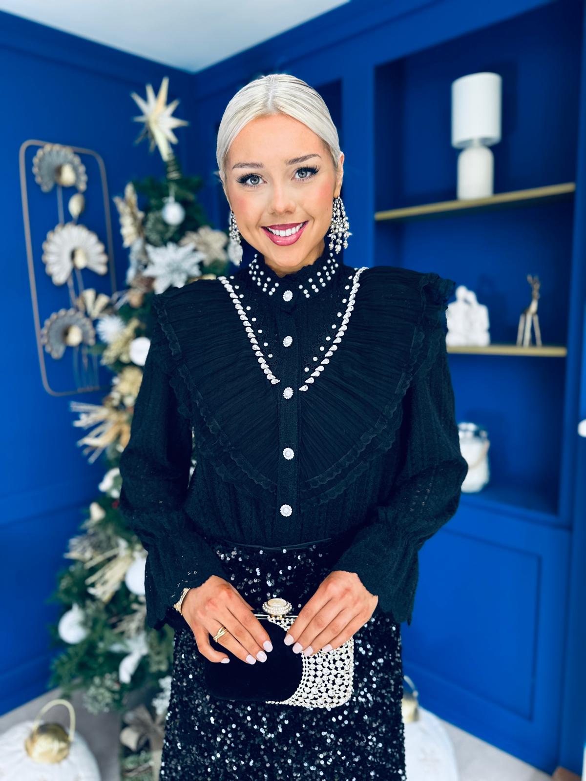 Joan Diamante & Pearl Detail Blouse Black