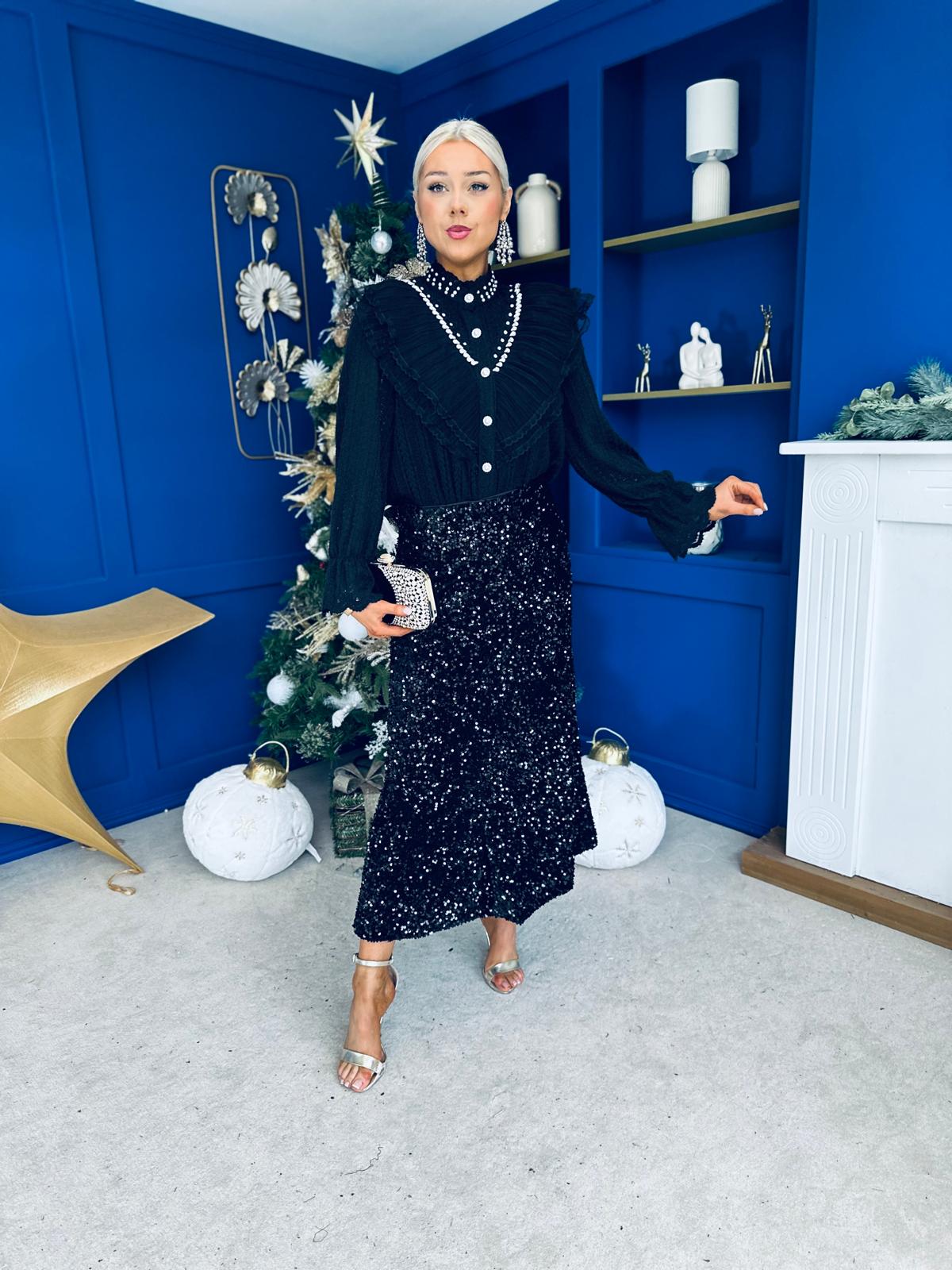 Shauna Sequin Midi Skirt Black