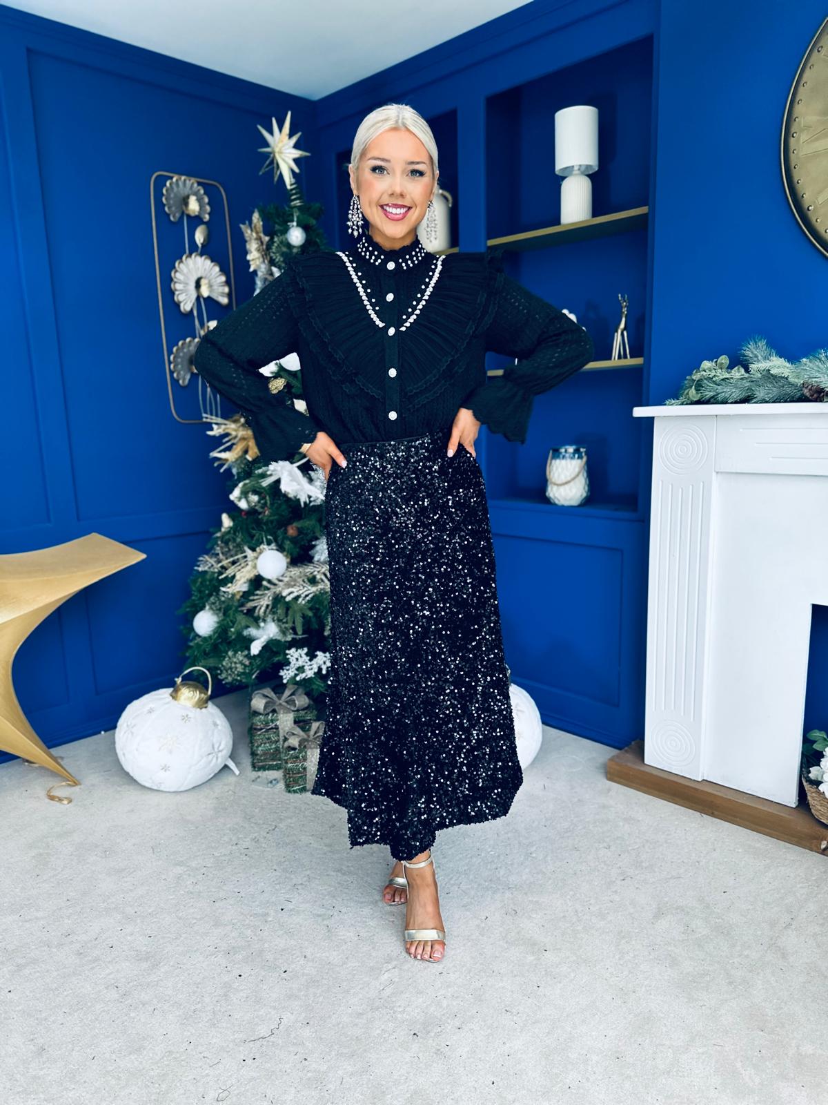 Joan Diamante & Pearl Detail Blouse Black