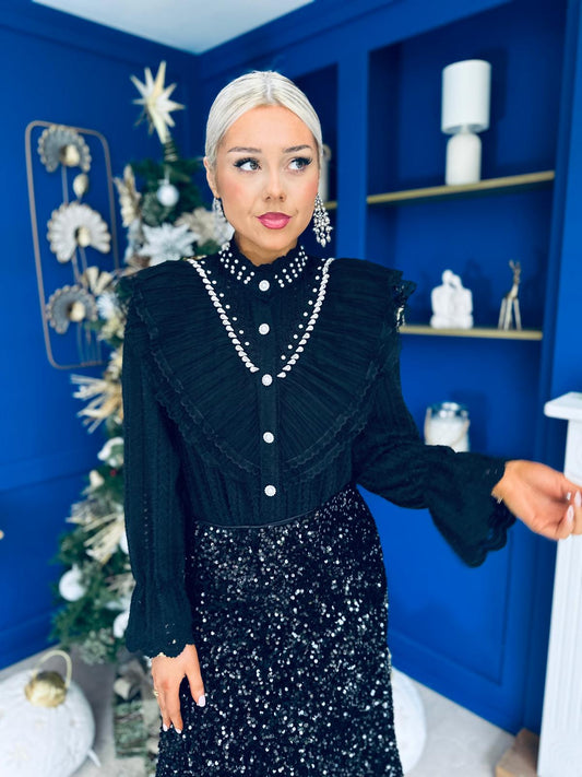Joan Diamante & Pearl Detail Blouse Black