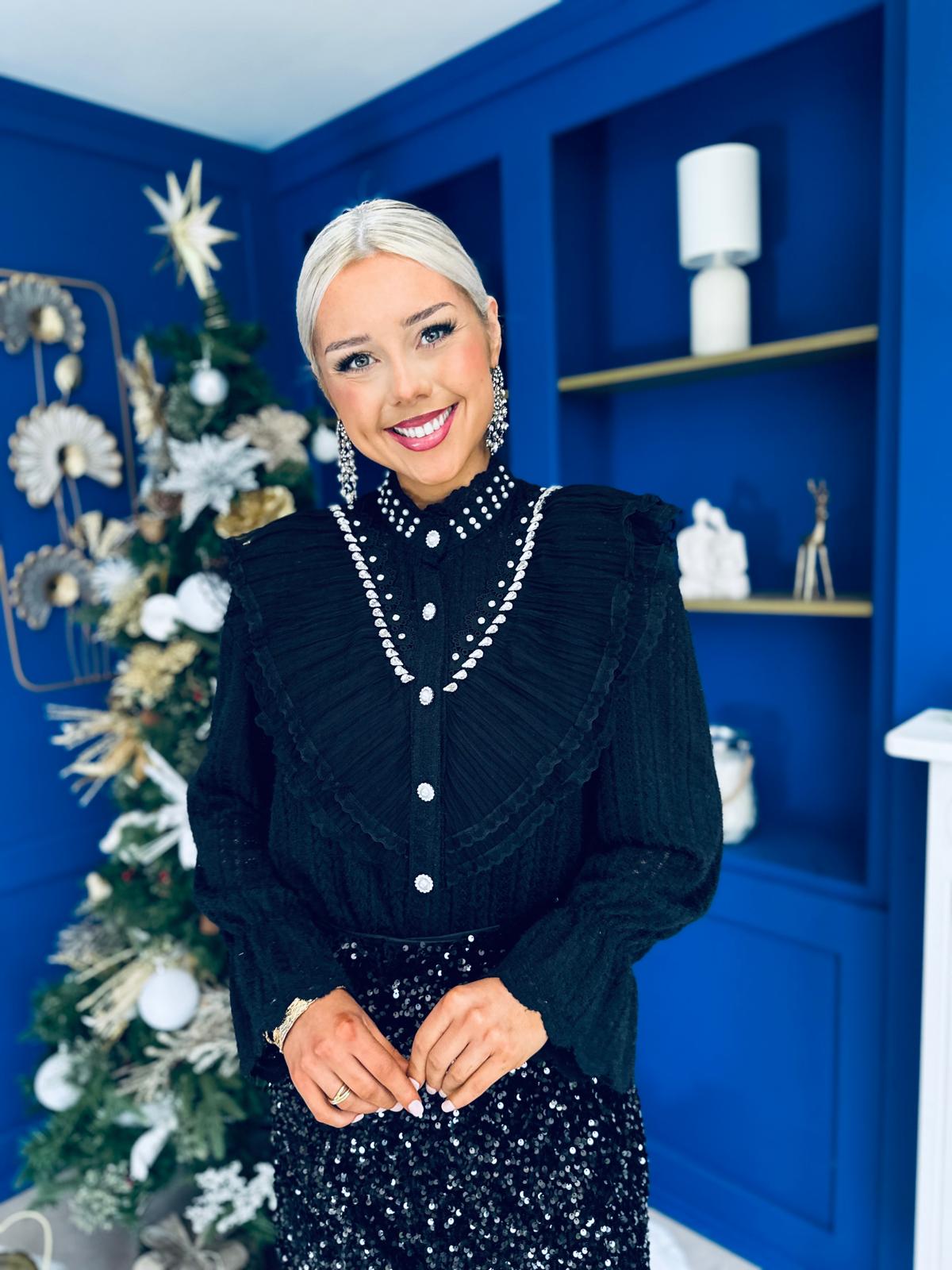 Joan Diamante & Pearl Detail Blouse Black