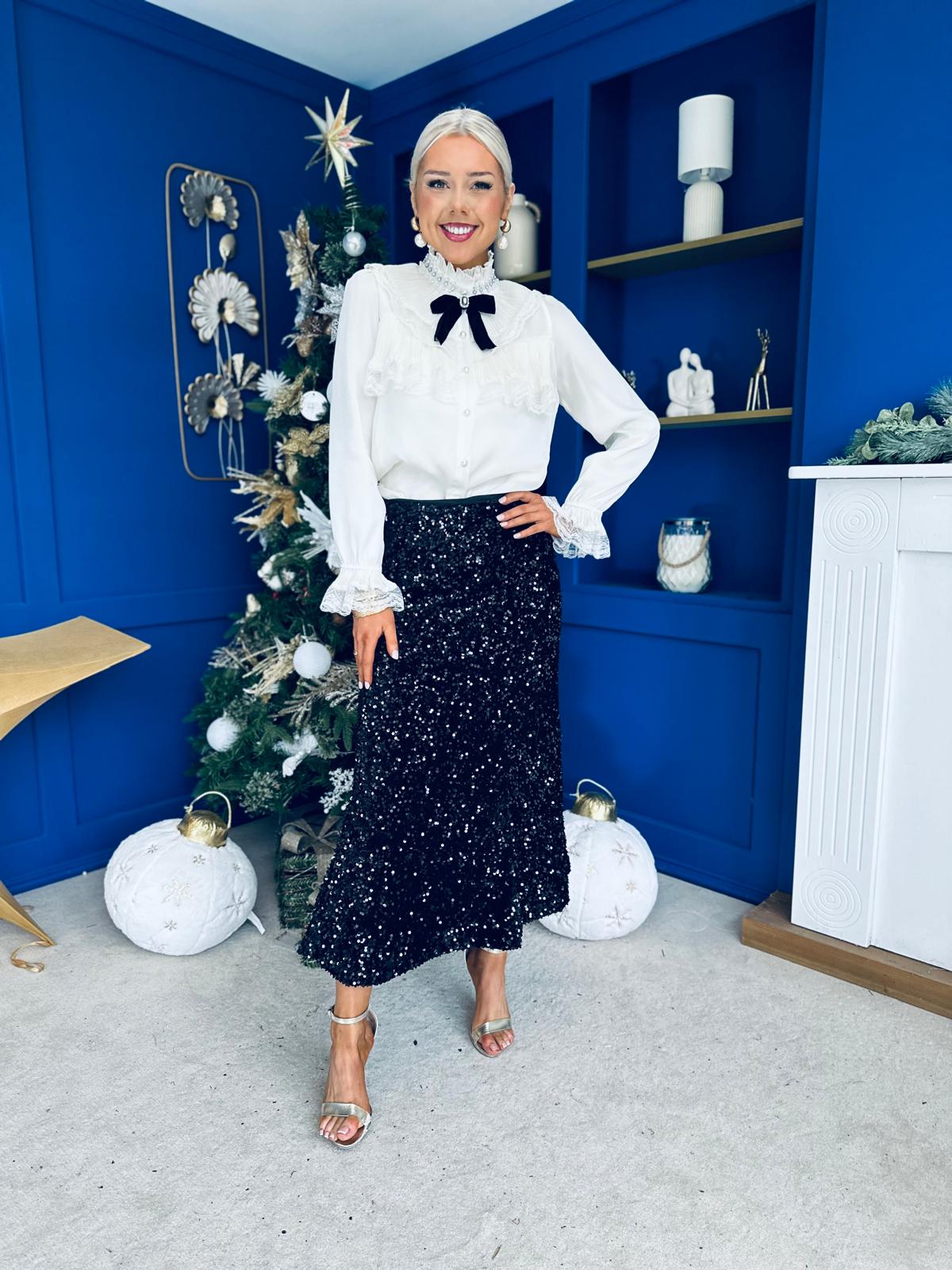 Shauna Sequin Midi Skirt Black