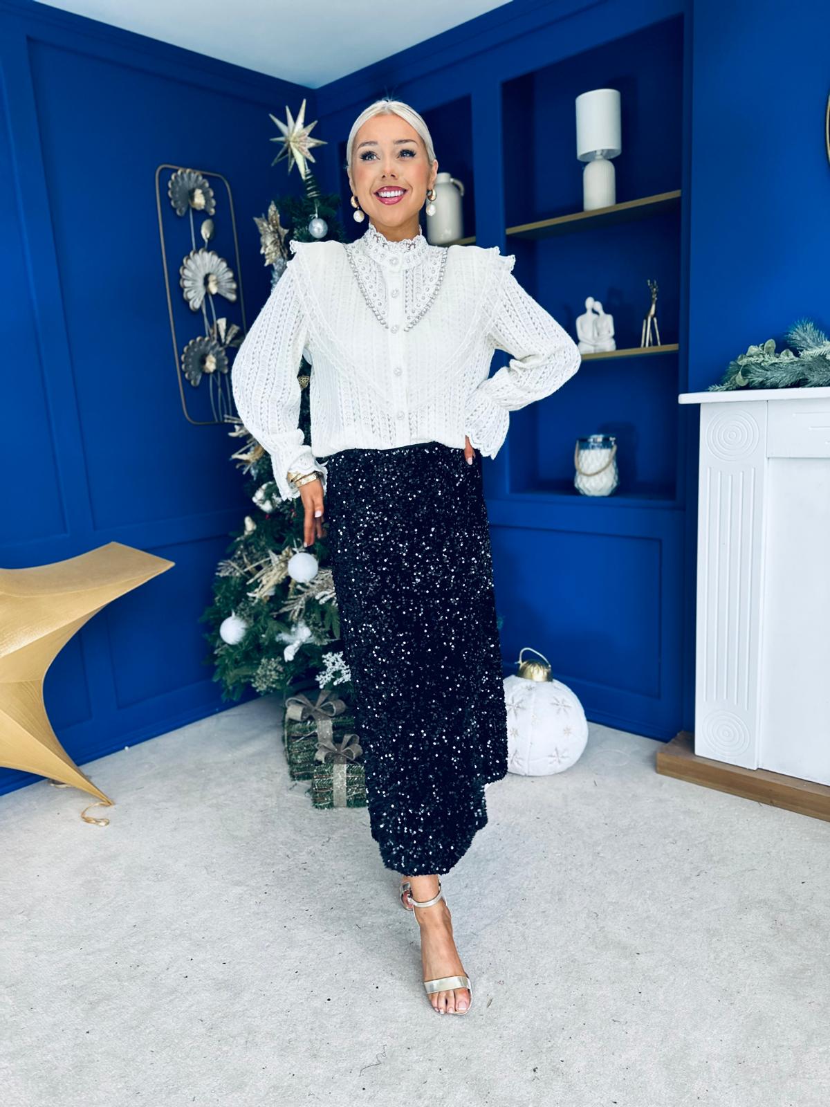 Joan Diamante & Pearl Detail Blouse Cream