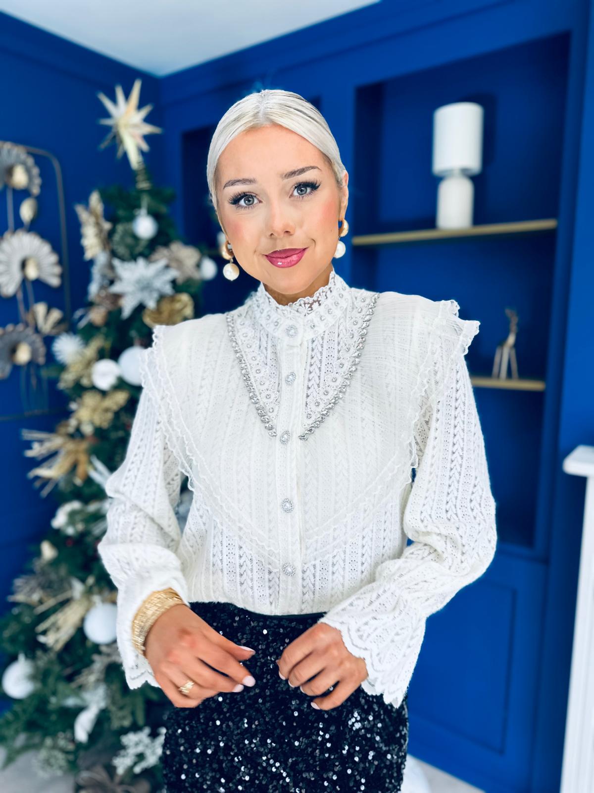 Joan Diamante & Pearl Detail Blouse Cream