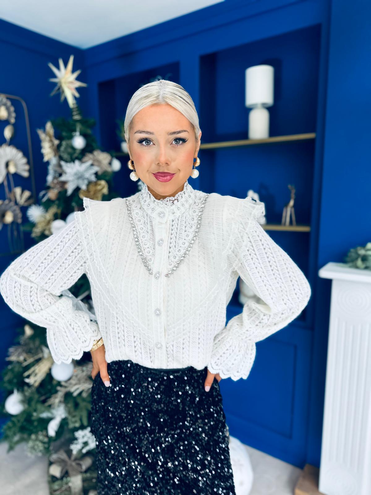 Joan Diamante & Pearl Detail Blouse Cream