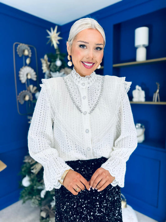 Joan Diamante & Pearl Detail Blouse Cream