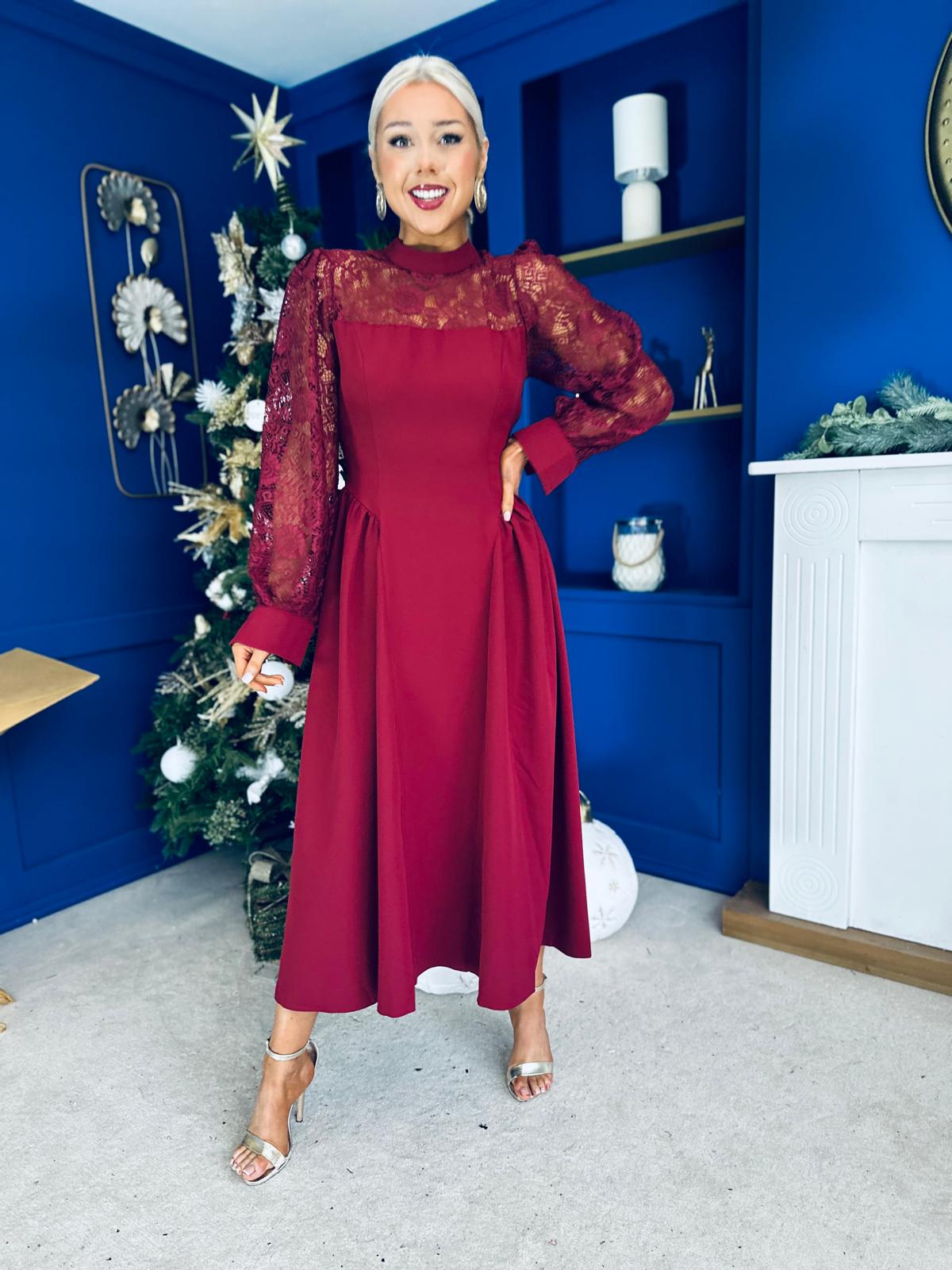 Louise Lace Detail Occasion Dress Wine