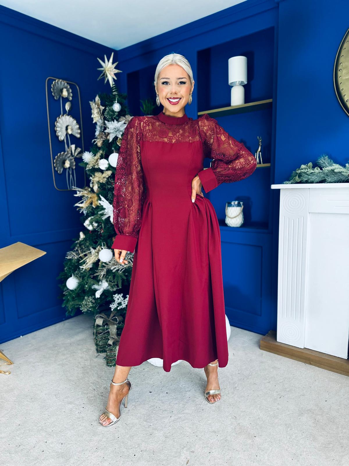 Louise Lace Detail Occasion Dress Wine