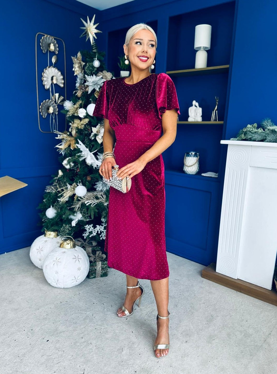 Aideen Angel Sleeve Studded Velvet Dress Wine