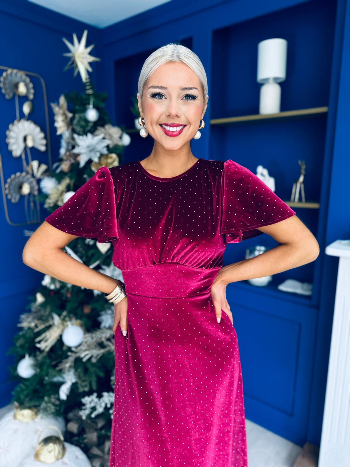 Aideen Angel Sleeve Studded Velvet Dress Wine