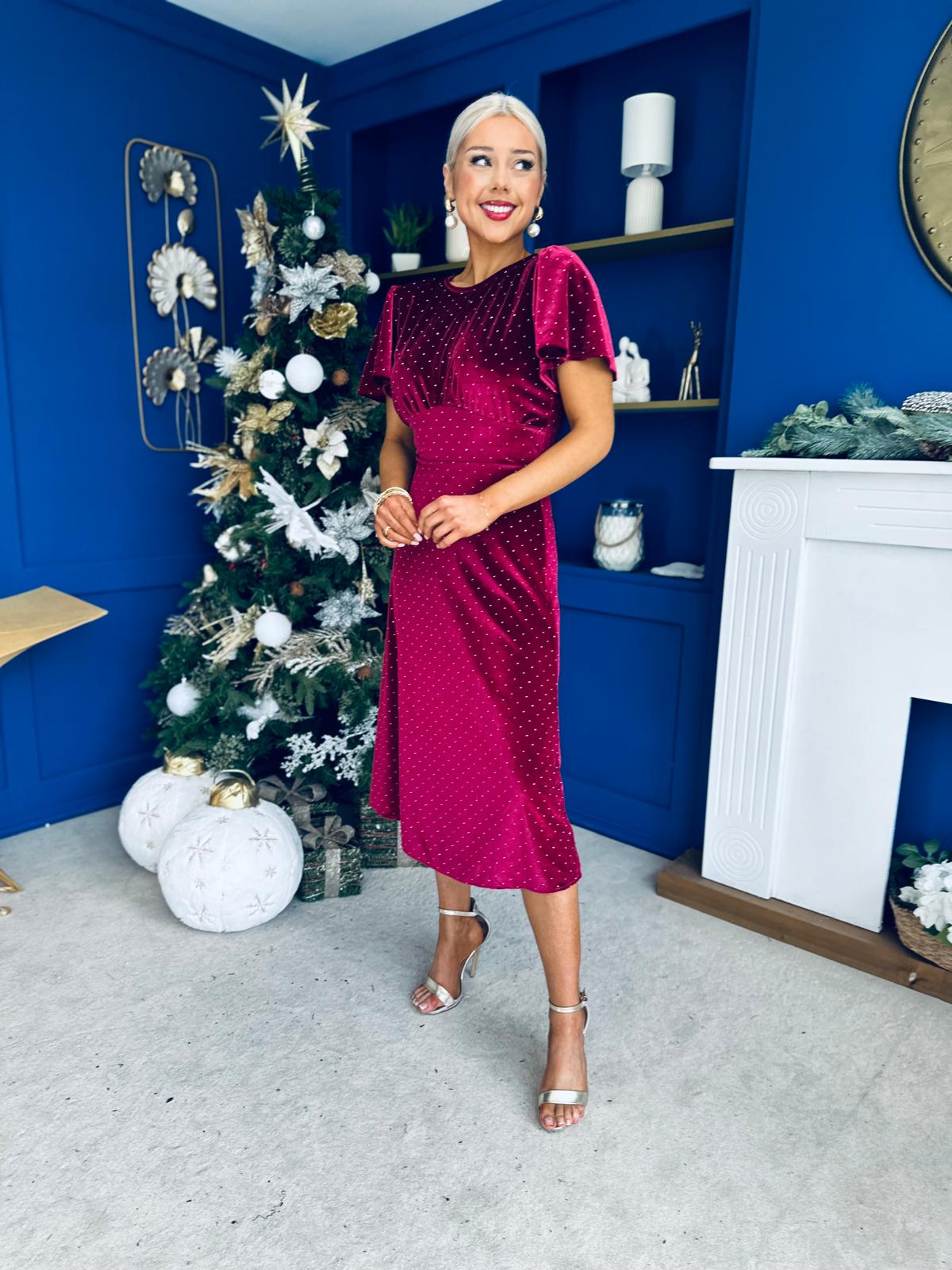 Aideen Angel Sleeve Studded Velvet Dress Wine