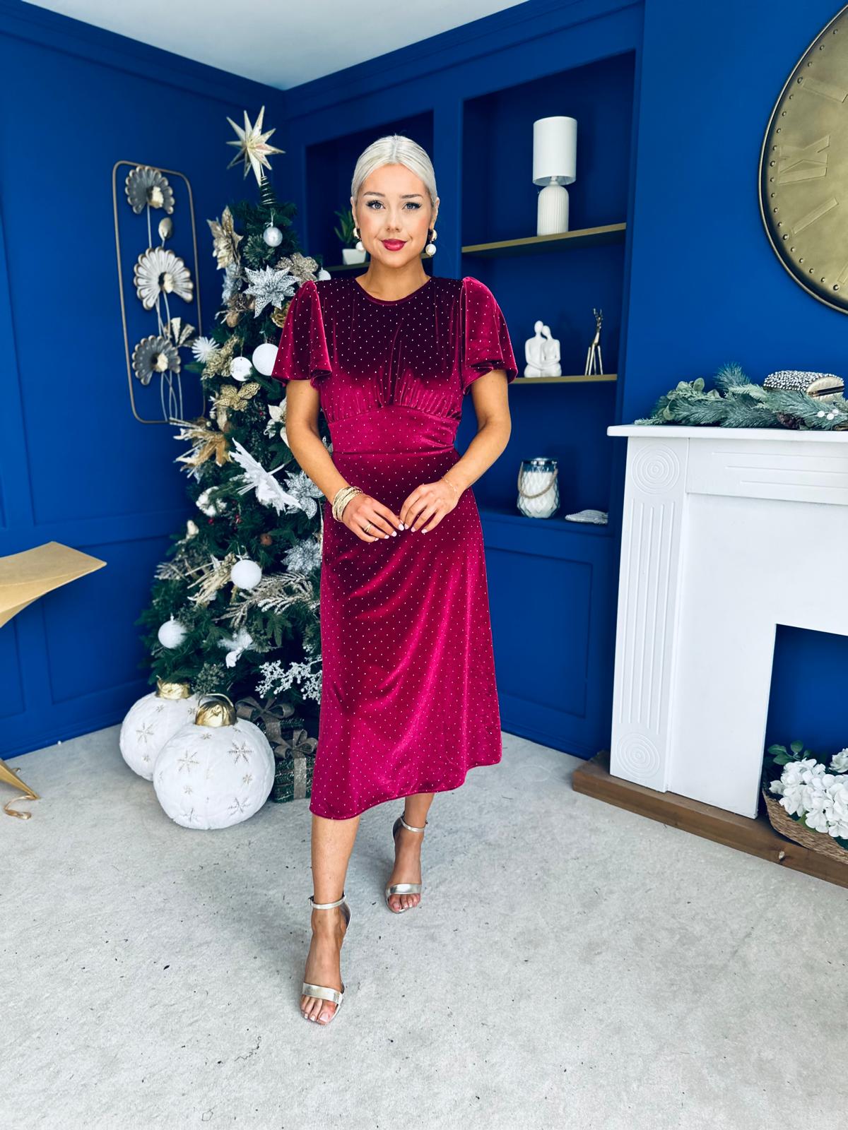 Aideen Angel Sleeve Studded Velvet Dress Wine