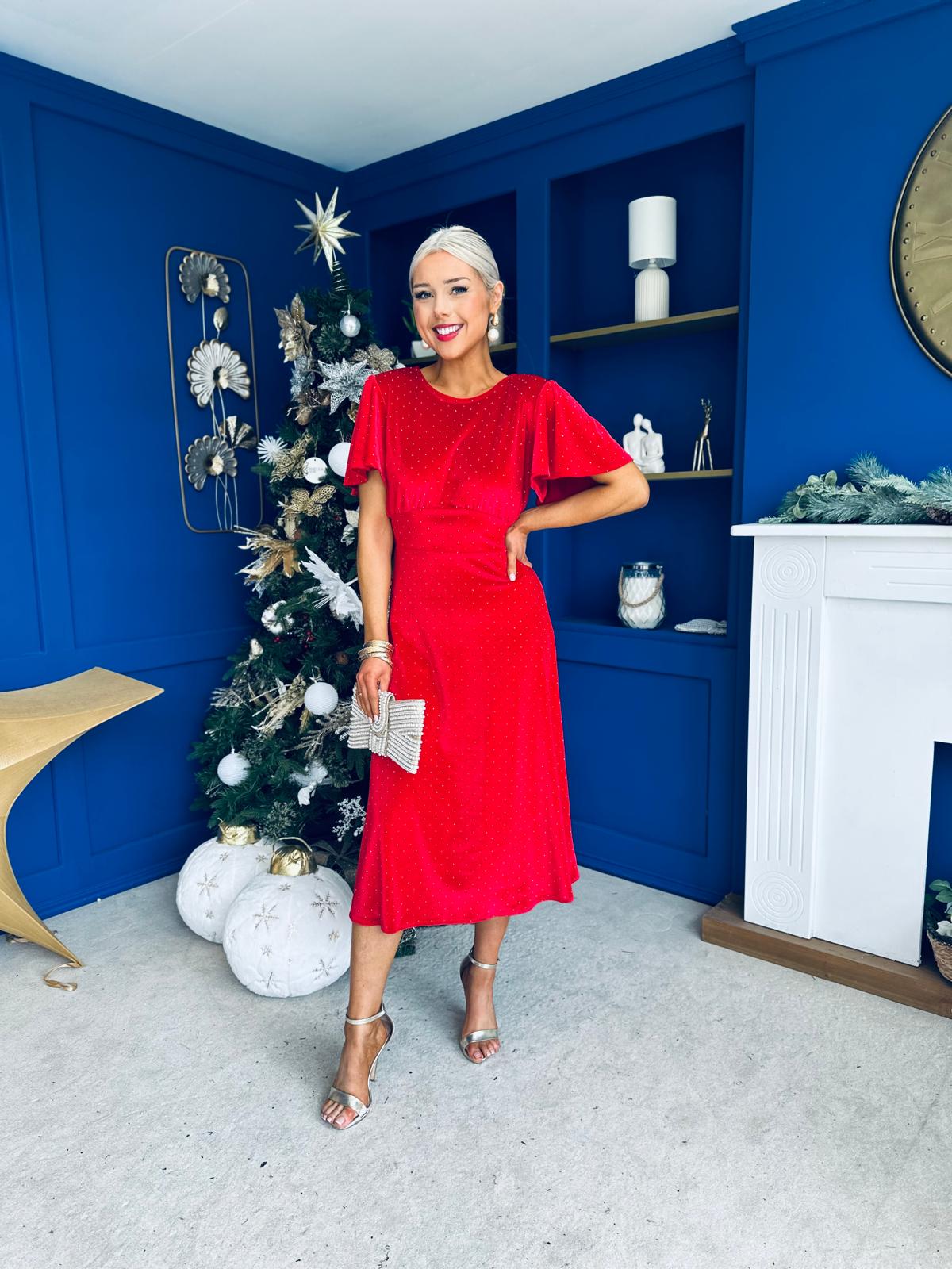 Aideen Angel Sleeve Studded Velvet Dress Red