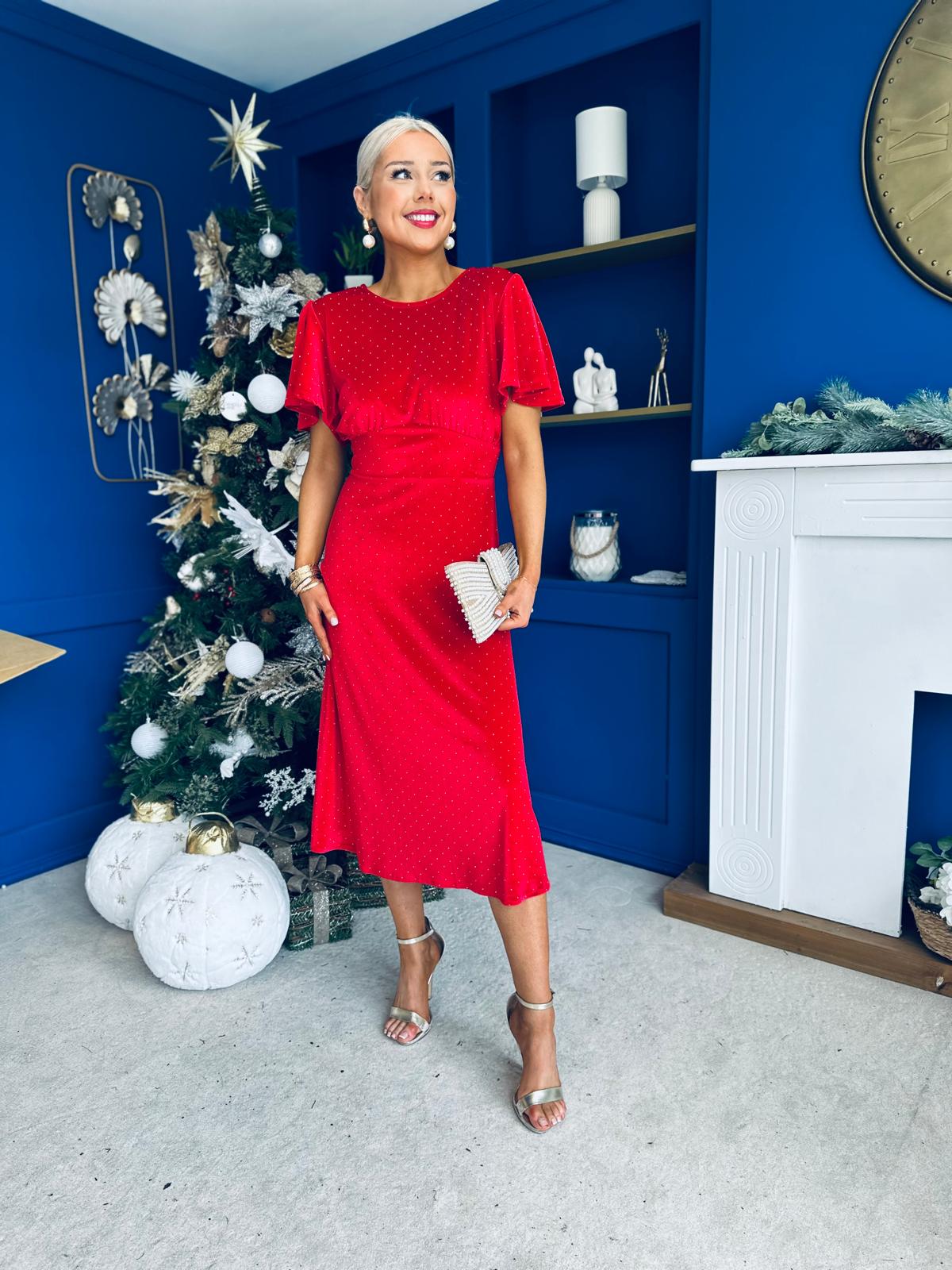 Aideen Angel Sleeve Studded Velvet Dress Red