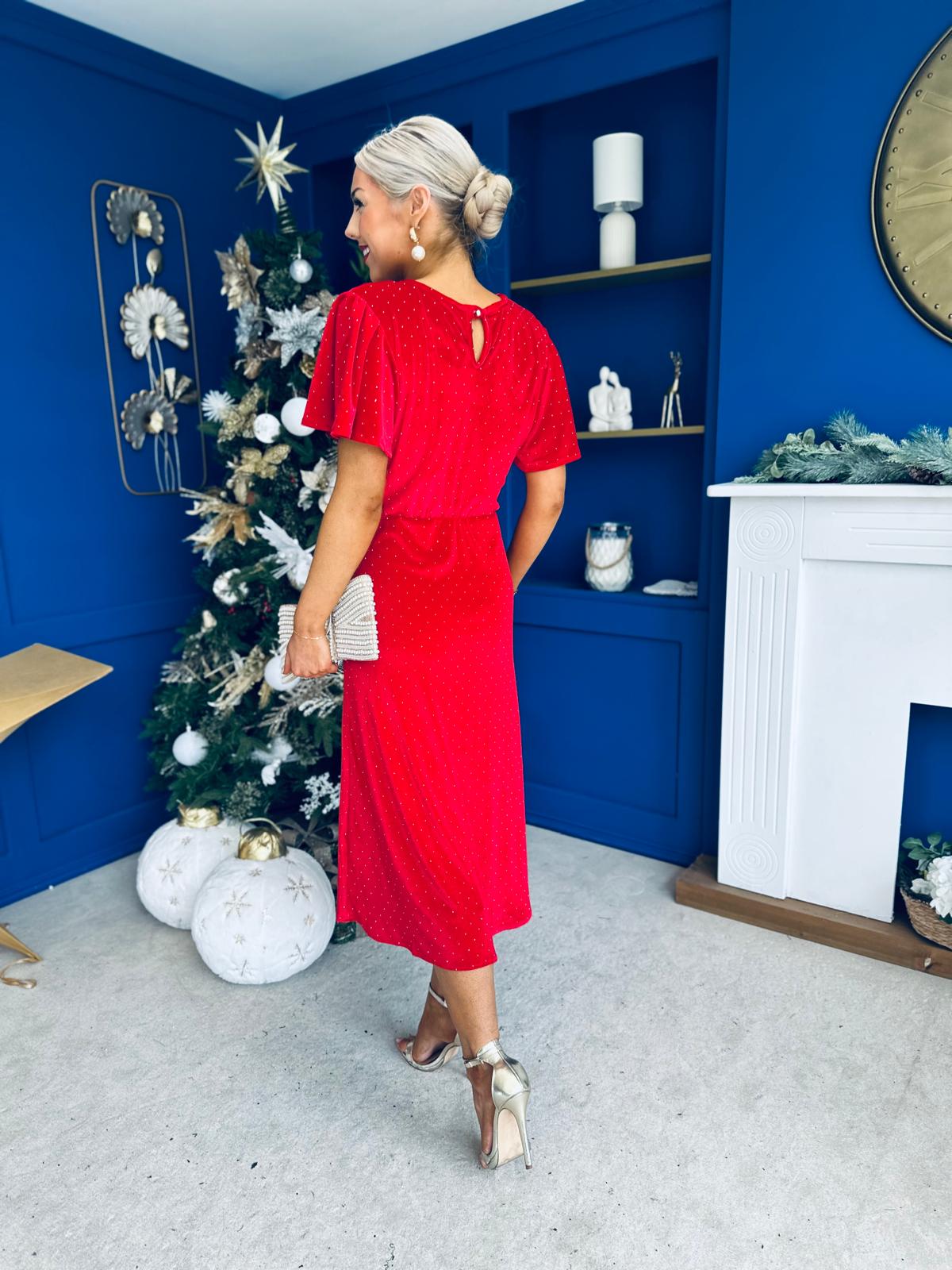 Aideen Angel Sleeve Studded Velvet Dress Red