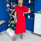 Aideen Angel Sleeve Studded Velvet Dress Red