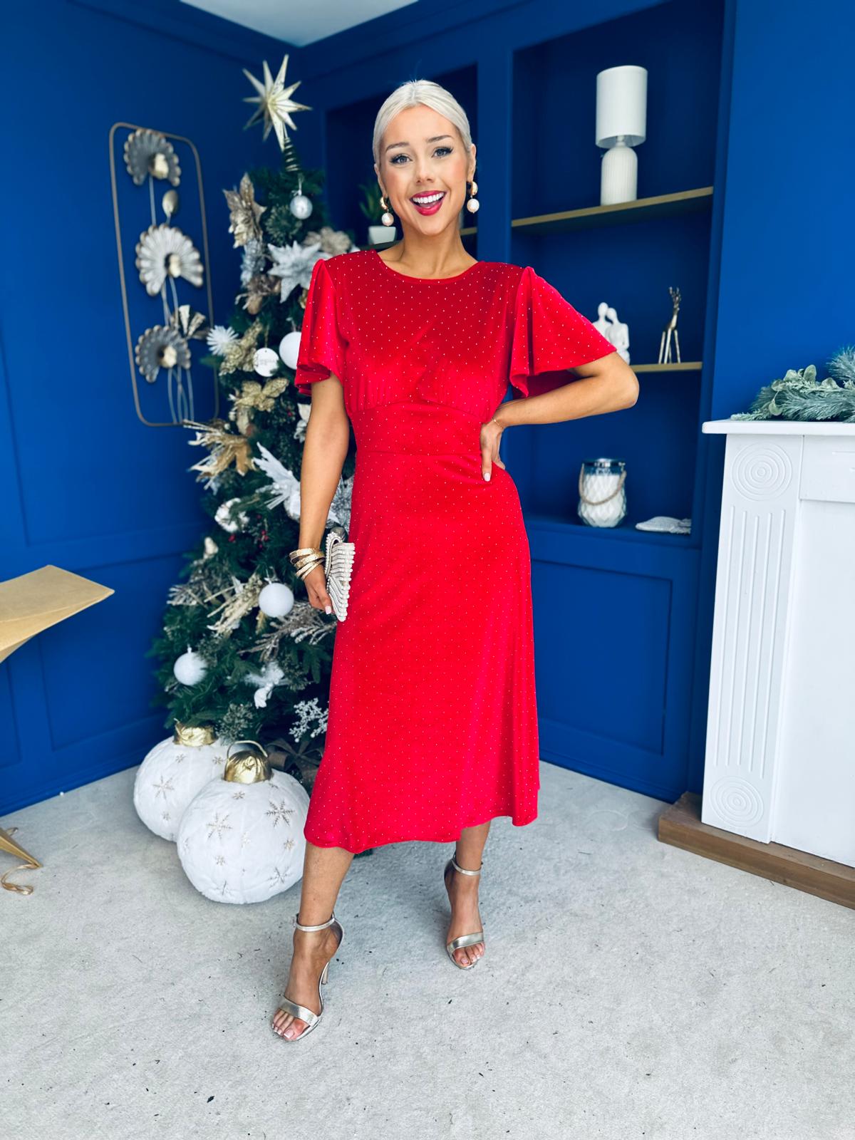 Aideen Angel Sleeve Studded Velvet Dress Red