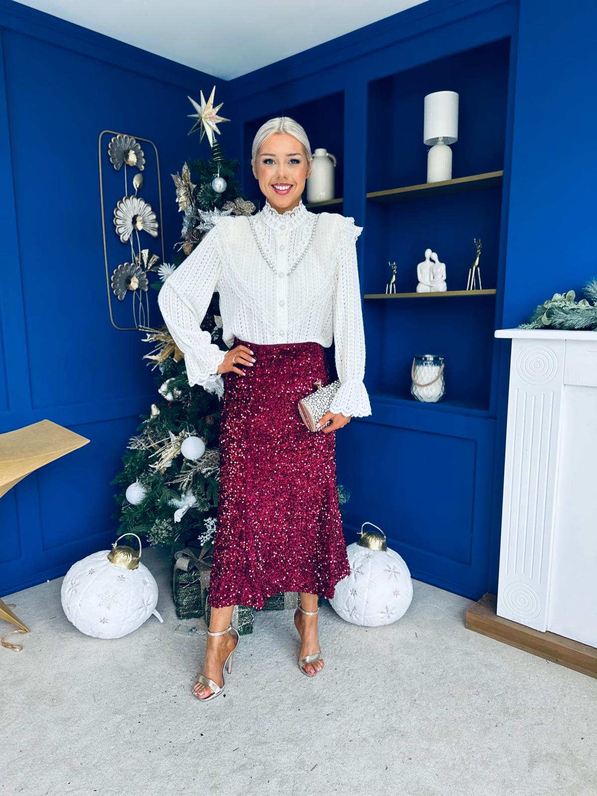 Shauna Sequin Midi Skirt Burgundy