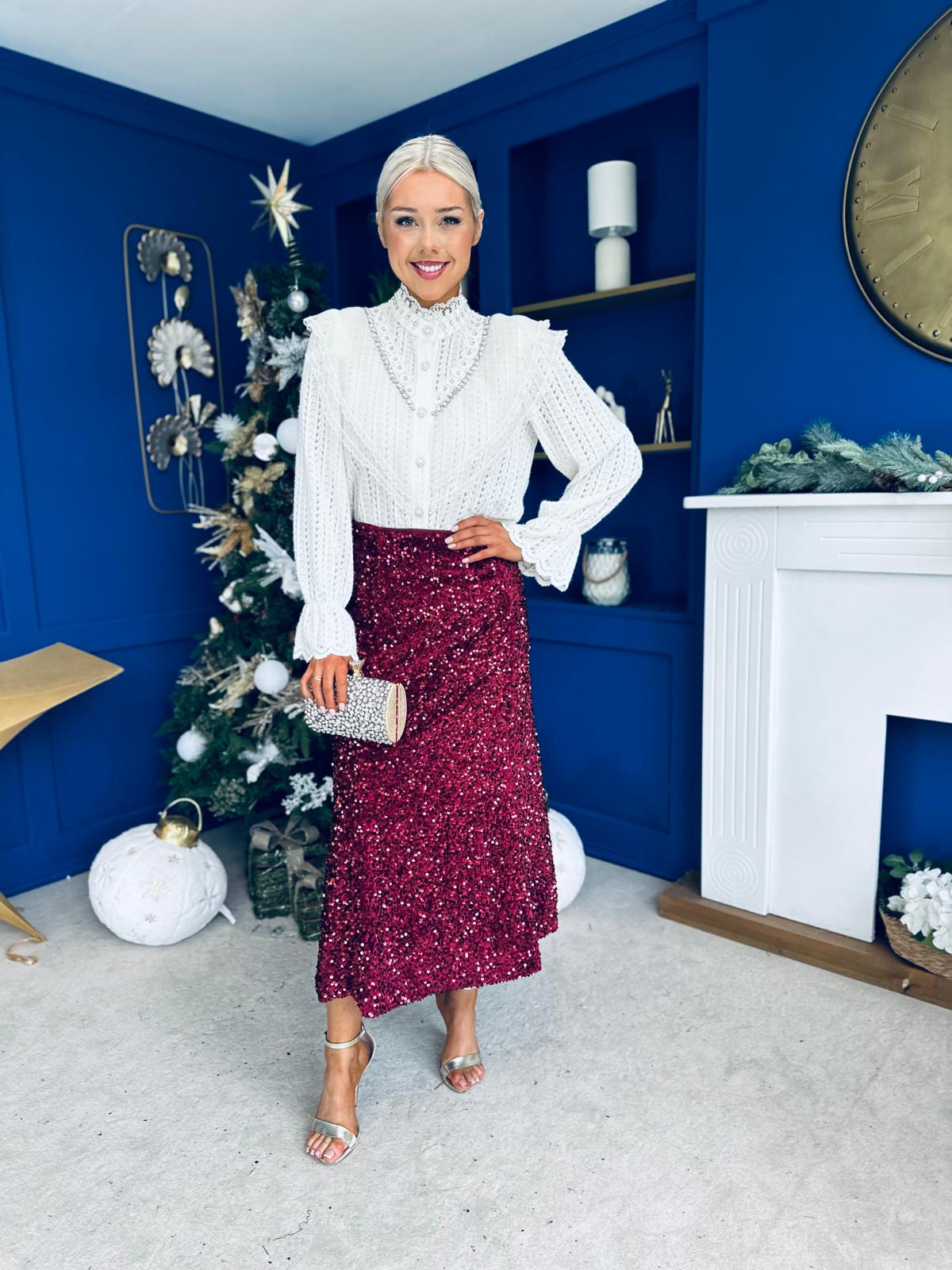 Shauna Sequin Midi Skirt Burgundy