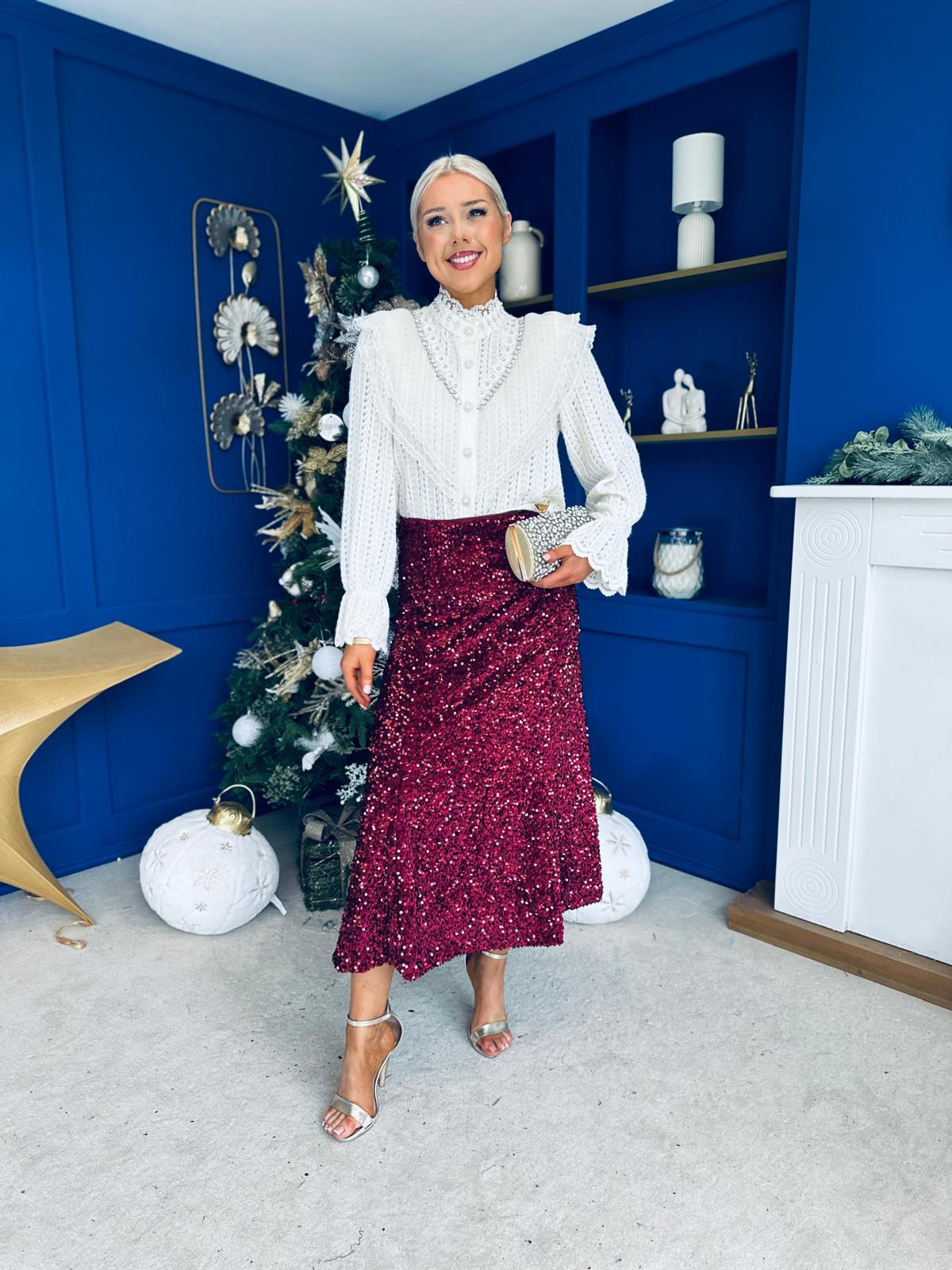 Shauna Sequin Midi Skirt Burgundy