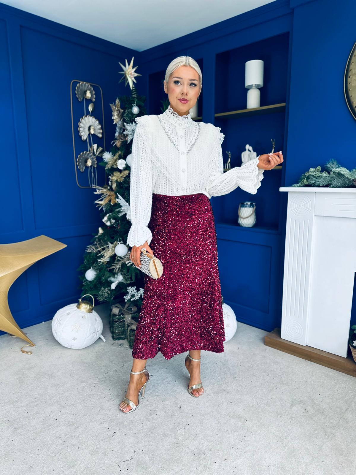 Shauna Sequin Midi Skirt Burgundy