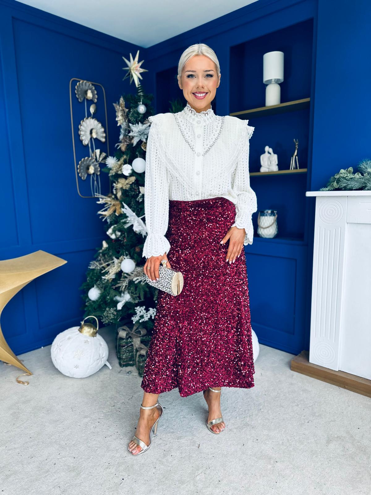 Shauna Sequin Midi Skirt Burgundy