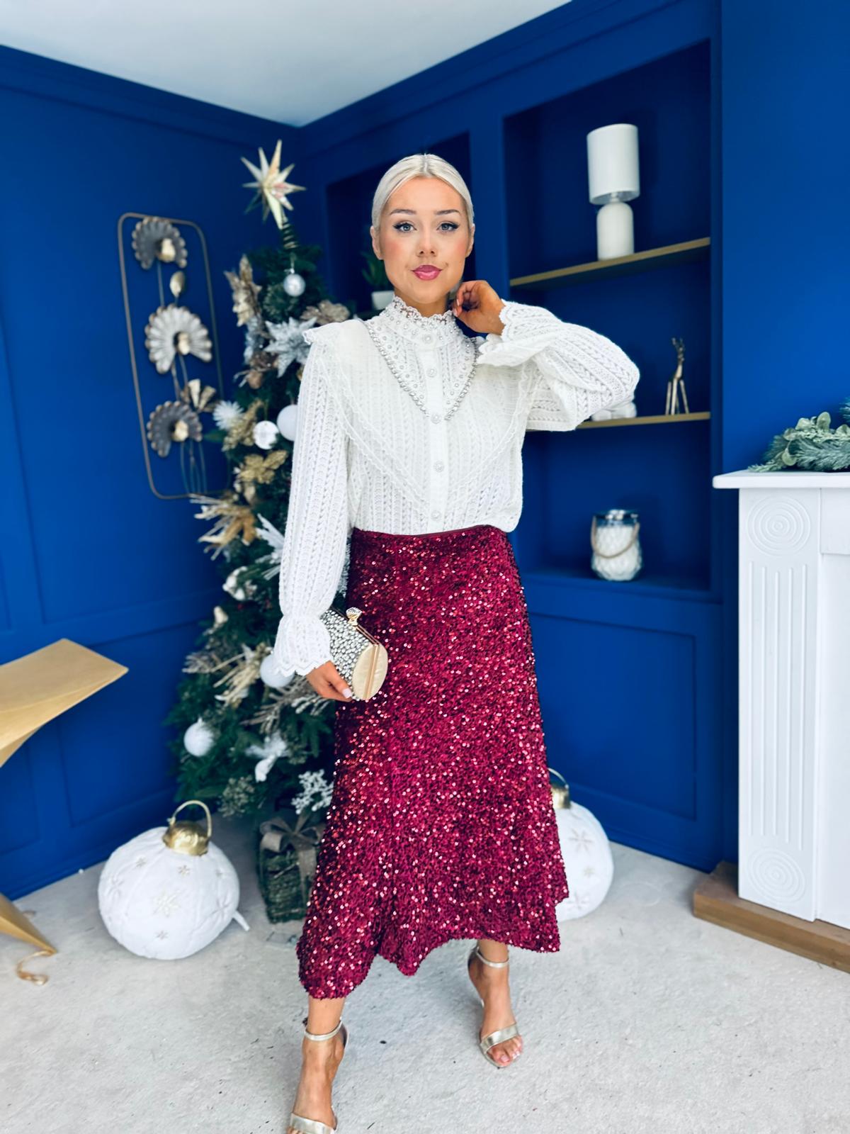 Shauna Sequin Midi Skirt Burgundy