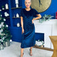 Aideen Angel Sleeve Studded Velvet Dress Navy
