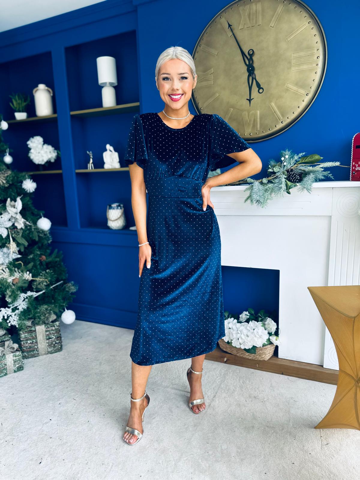 Aideen Angel Sleeve Studded Velvet Dress Navy