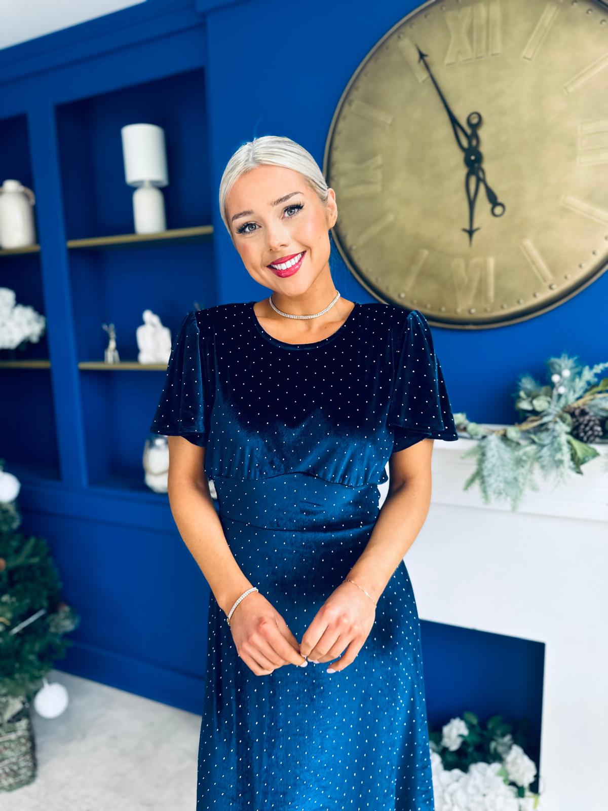 Aideen Angel Sleeve Studded Velvet Dress Navy