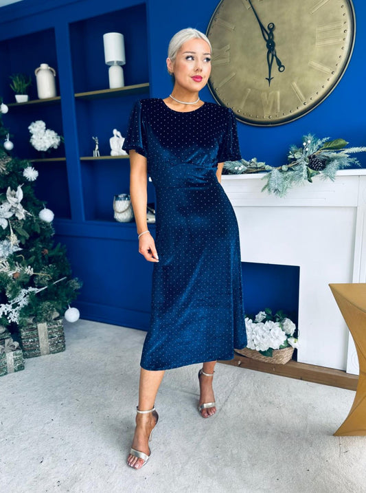 Aideen Angel Sleeve Studded Velvet Dress Navy