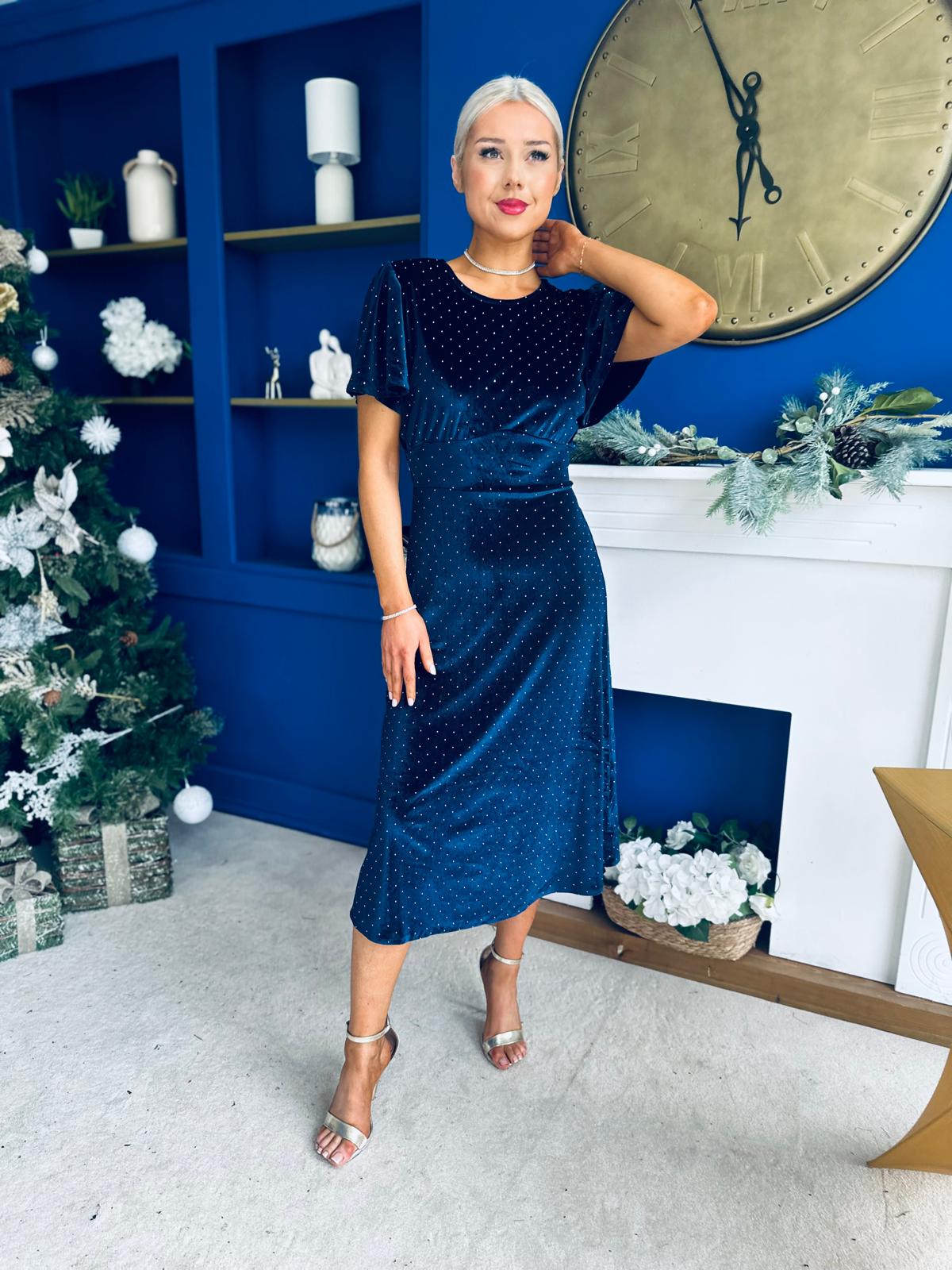Aideen Angel Sleeve Studded Velvet Dress Navy