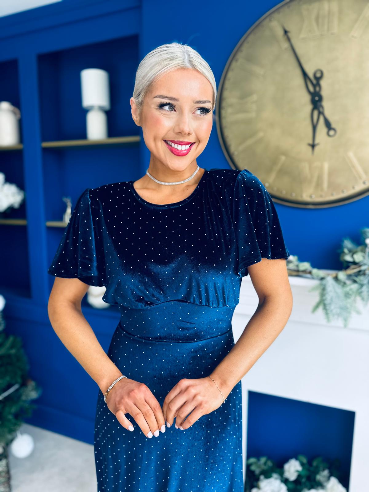 Aideen Angel Sleeve Studded Velvet Dress Navy