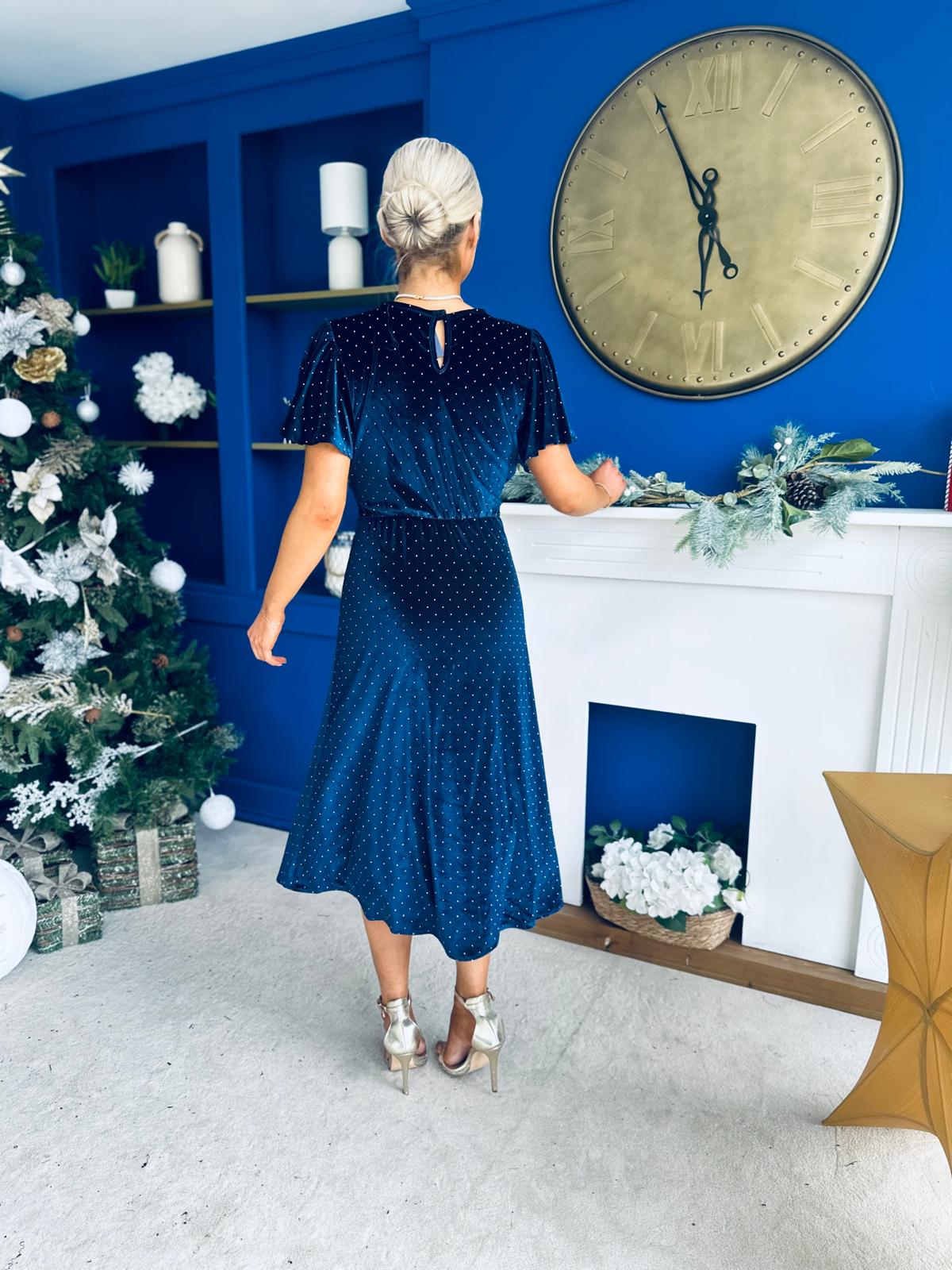 Aideen Angel Sleeve Studded Velvet Dress Navy