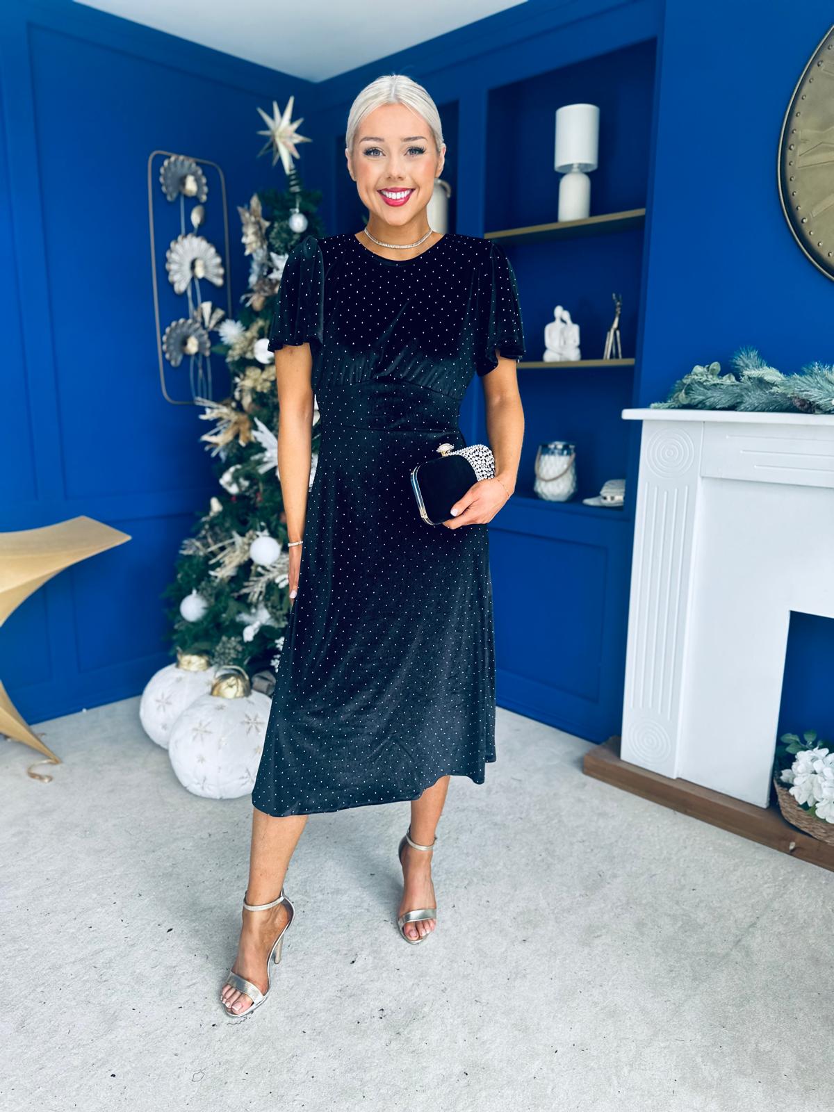 Aideen Angel Sleeve Studded Velvet Dress Black