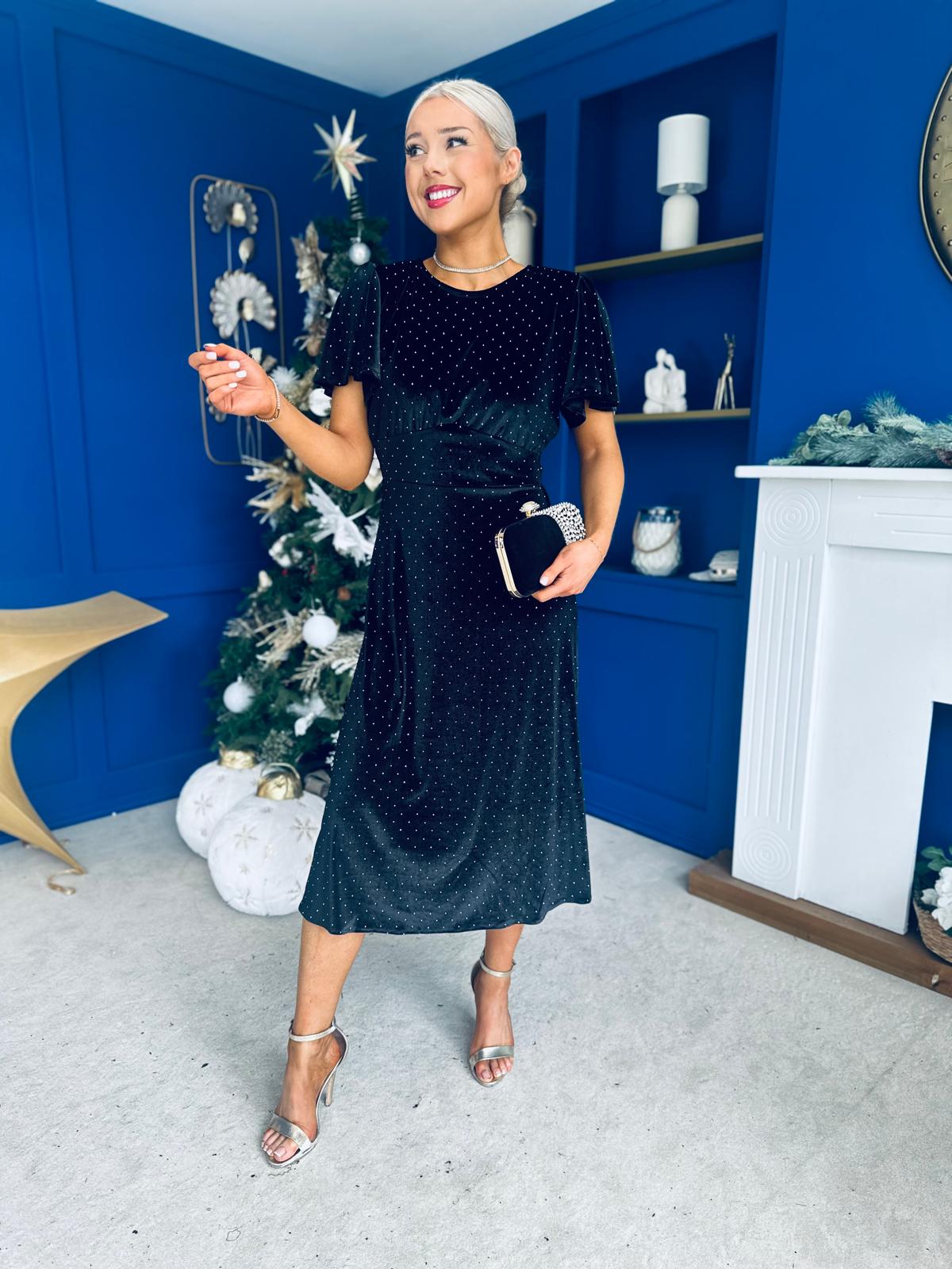 Aideen Angel Sleeve Studded Velvet Dress Black