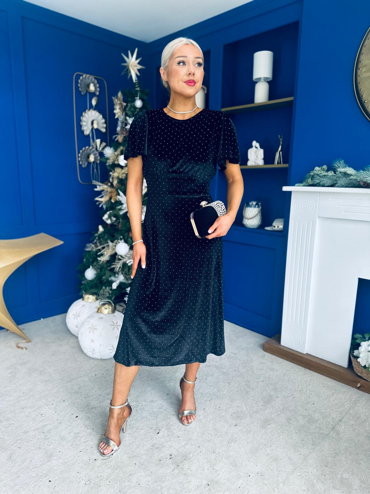 Aideen Angel Sleeve Studded Velvet Dress Black