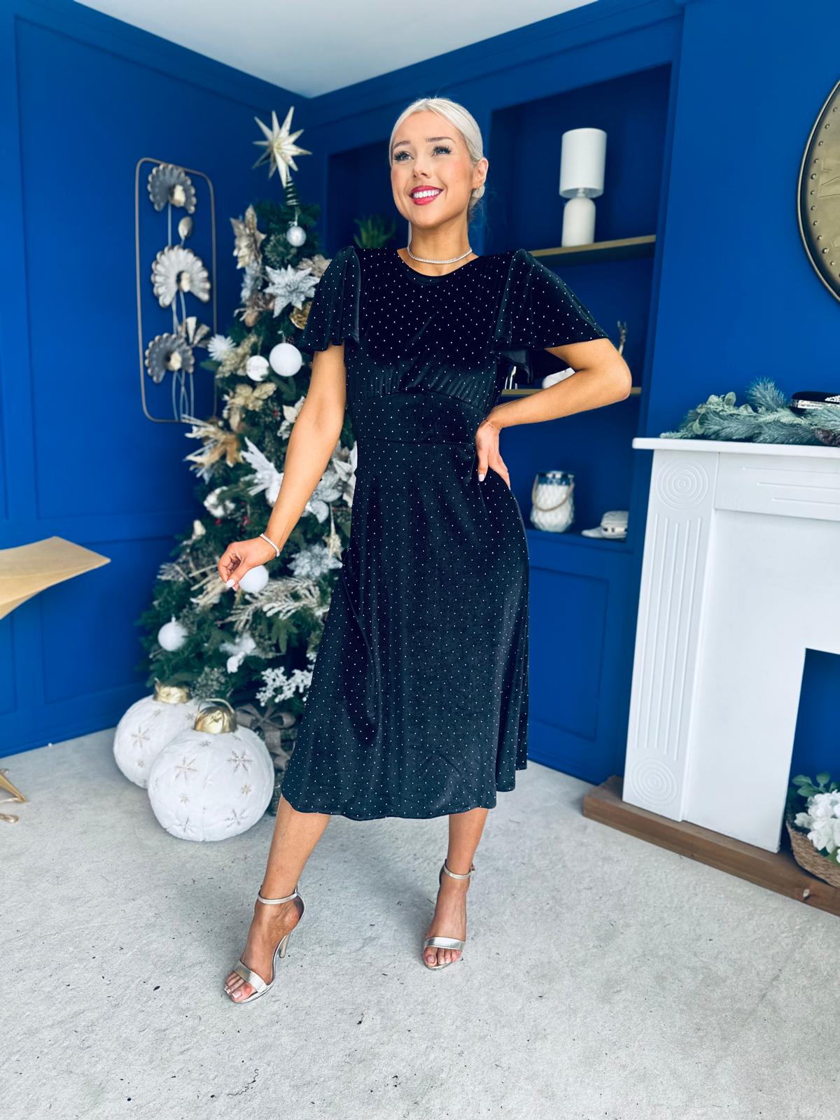 Aideen Angel Sleeve Studded Velvet Dress Black