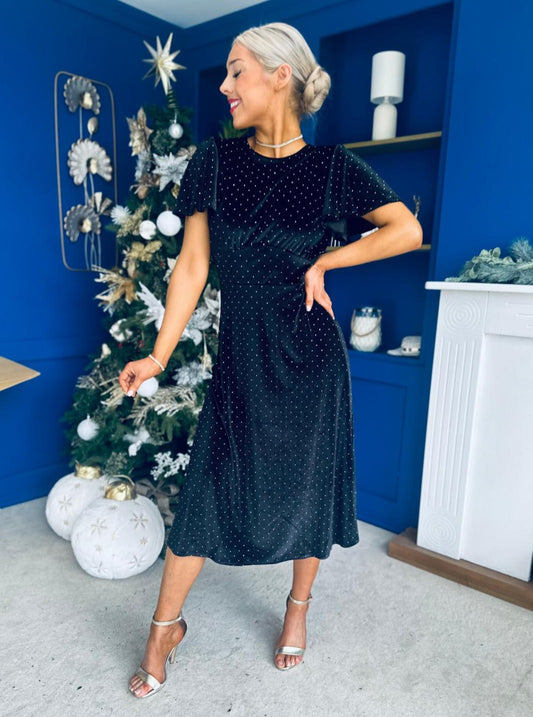 Aideen Angel Sleeve Studded Velvet Dress Black
