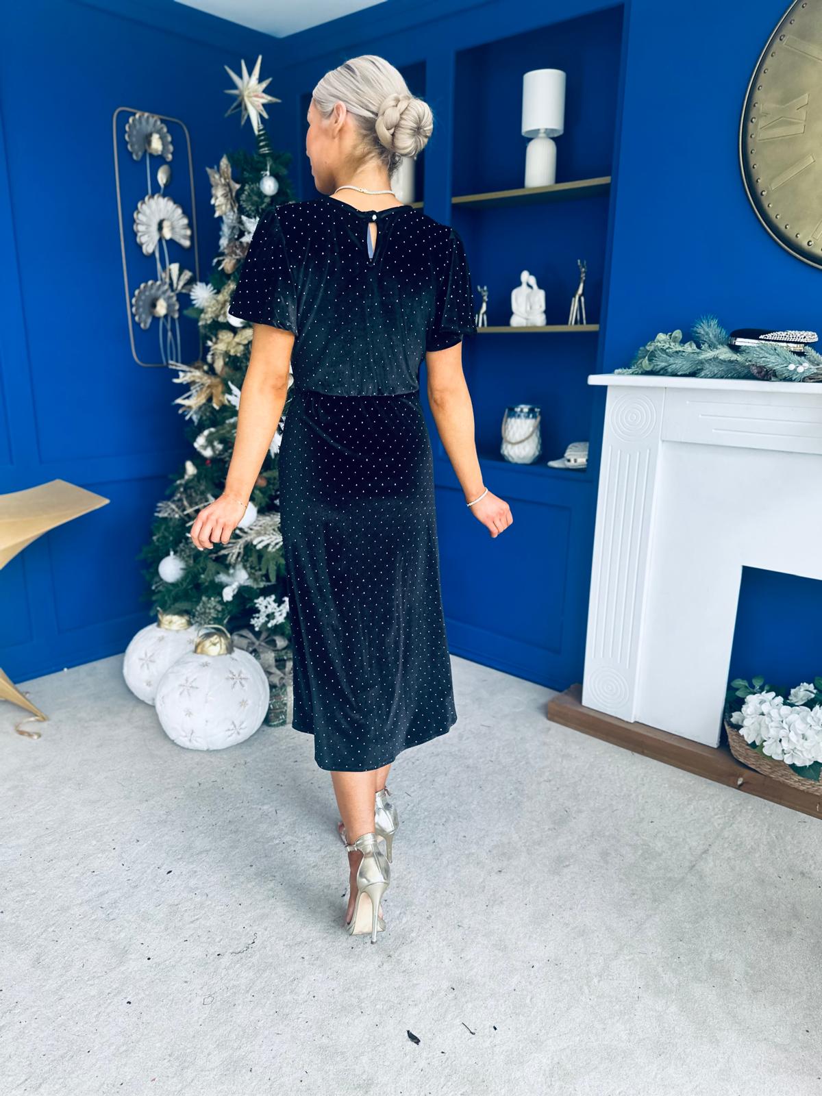 Aideen Angel Sleeve Studded Velvet Dress Black