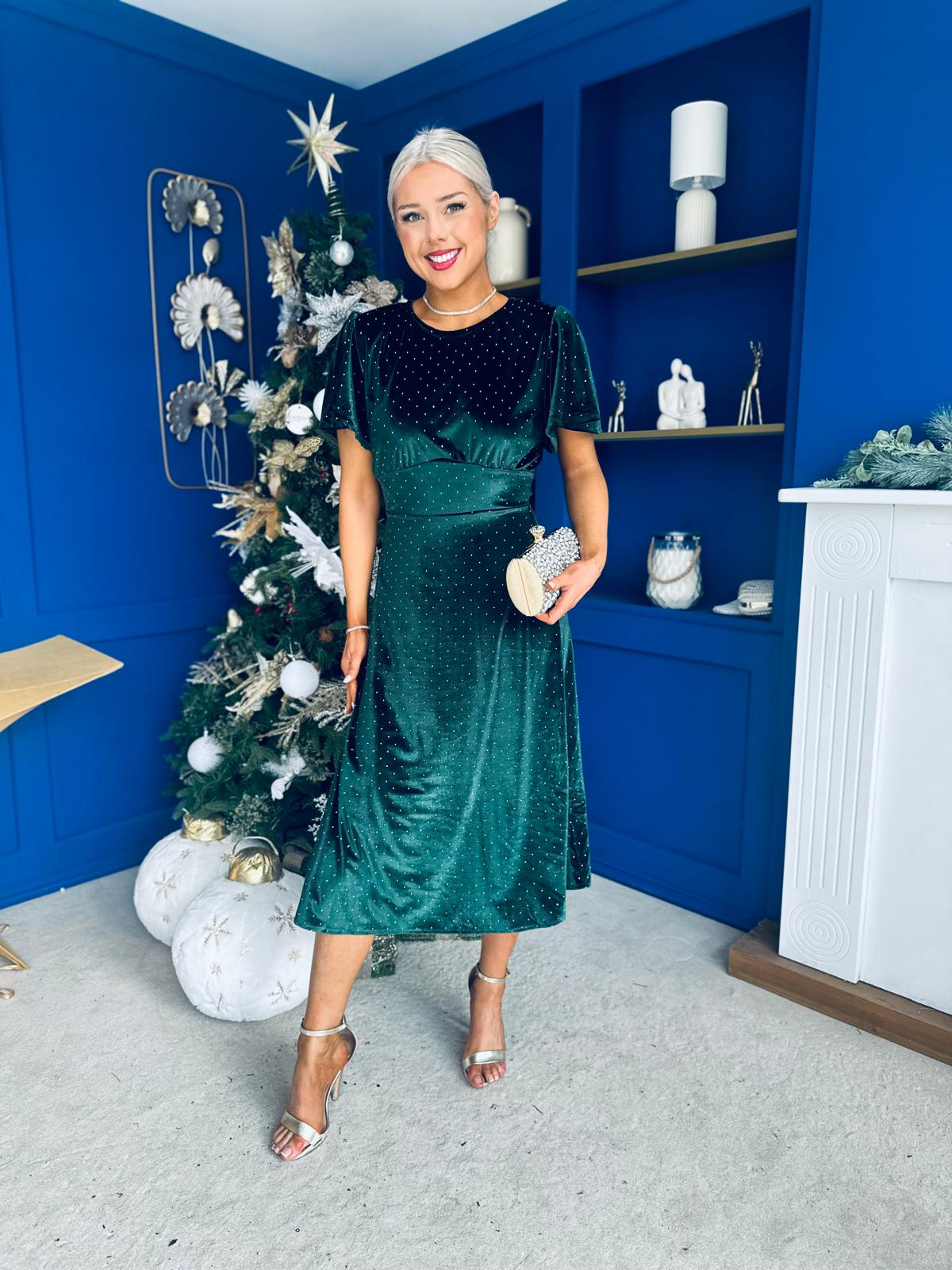 Aideen Angel Sleeve Studded Velvet Dress Forest